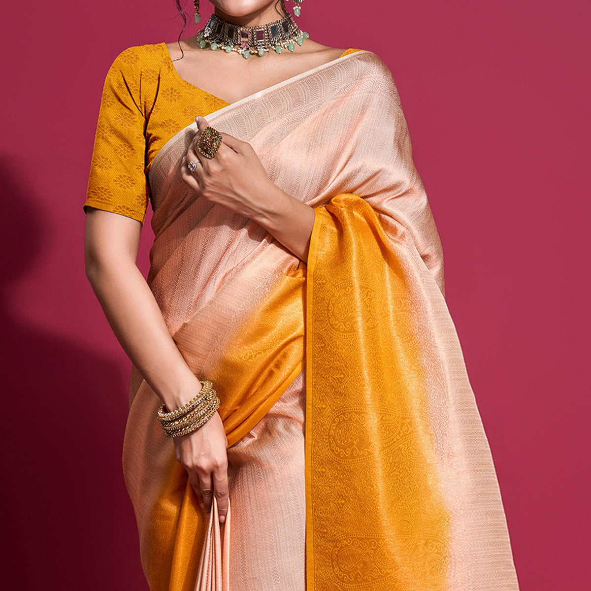 Peach & Yellow Woven Kanjivaram Silk Saree With Tassels