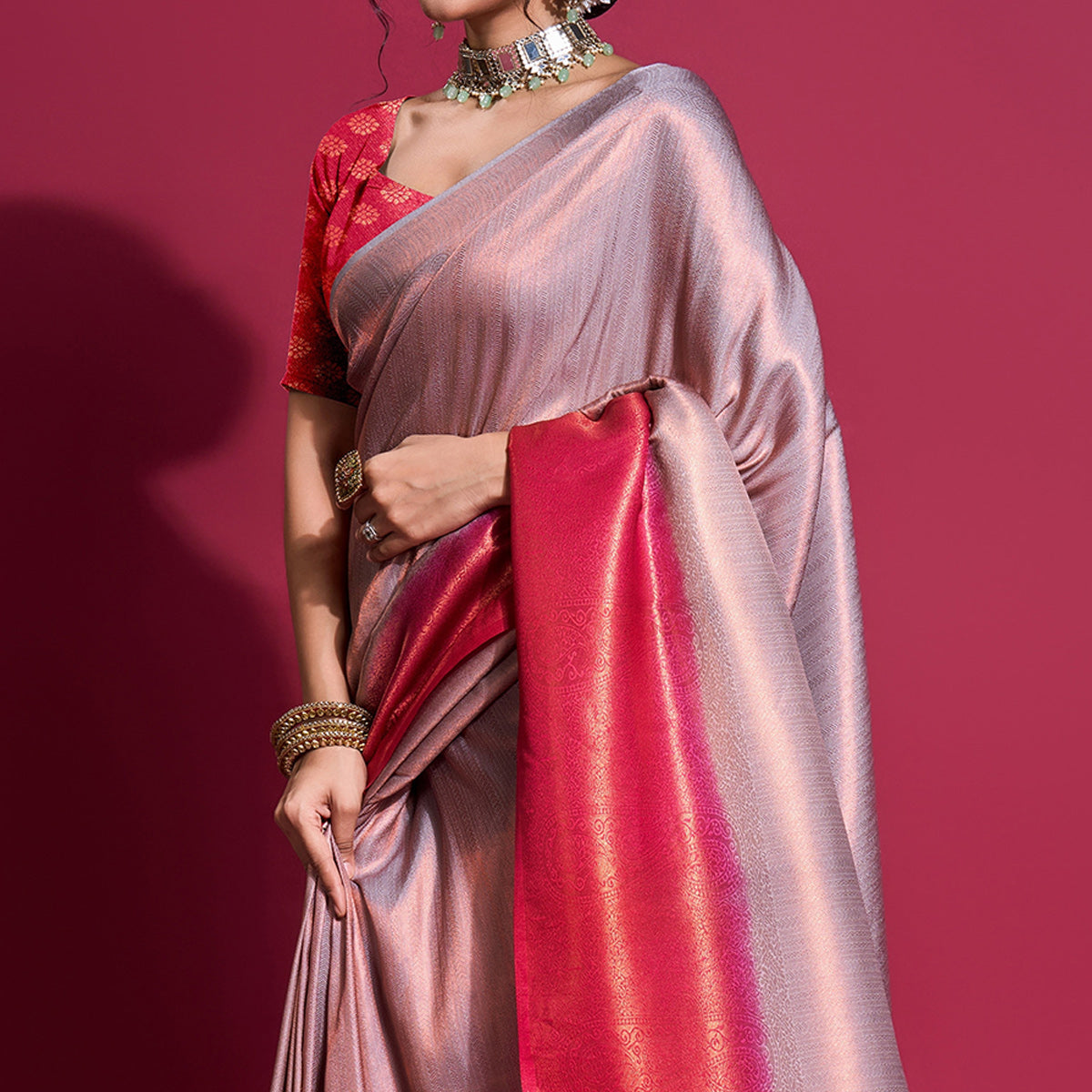 Purple & Pink Woven Kanjivaram Silk Saree With Tassels