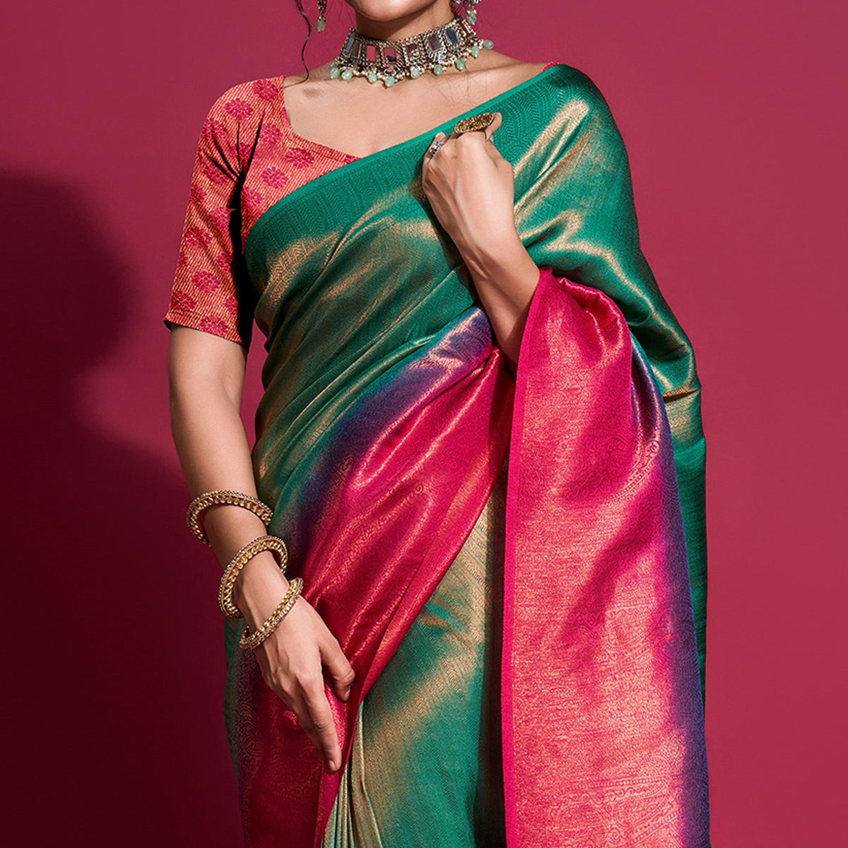 Green & Pink Woven Kanjivaram Silk Saree With Tassels