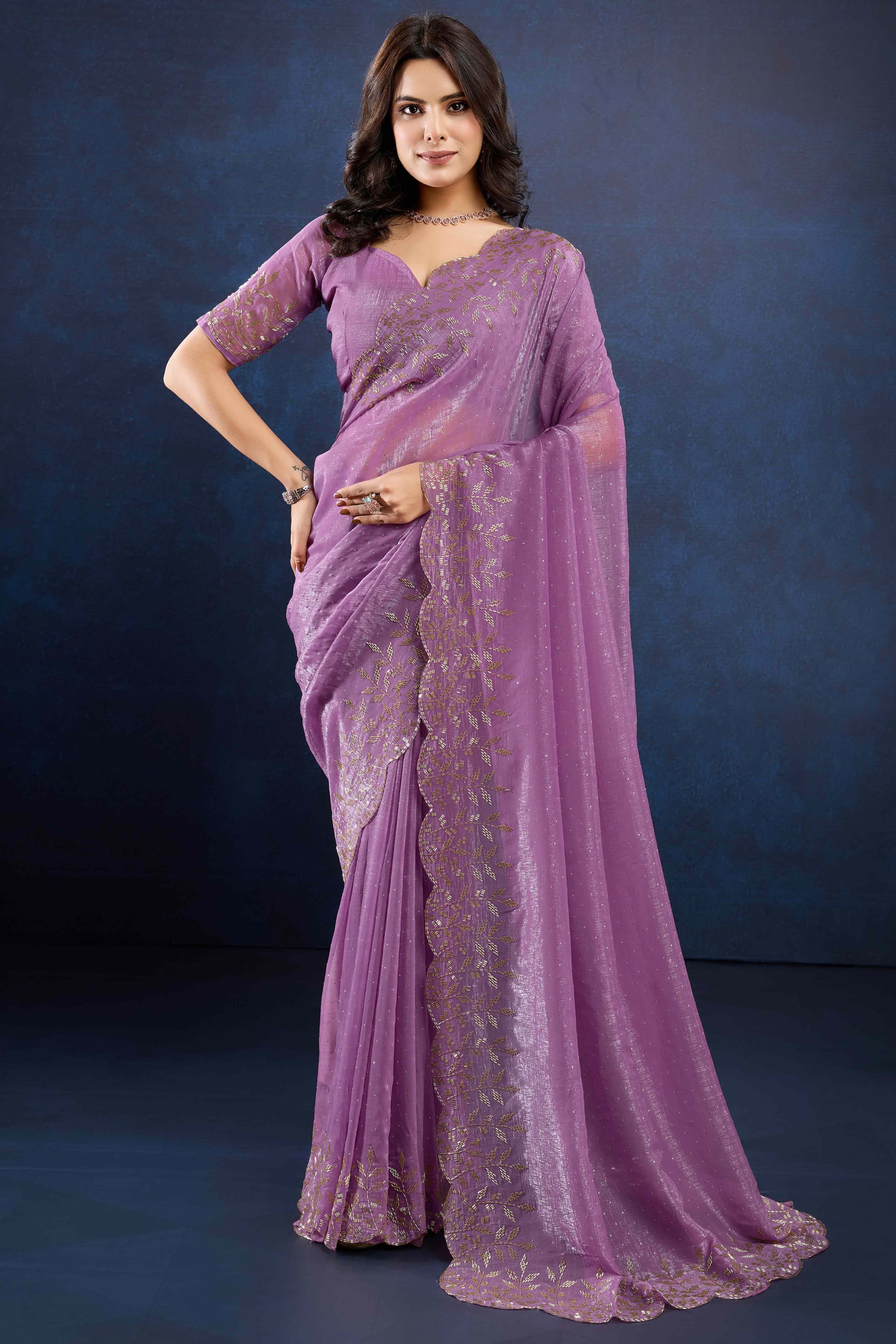 Lavender Floral Handwork Crush Silk Fancy Fabric Saree