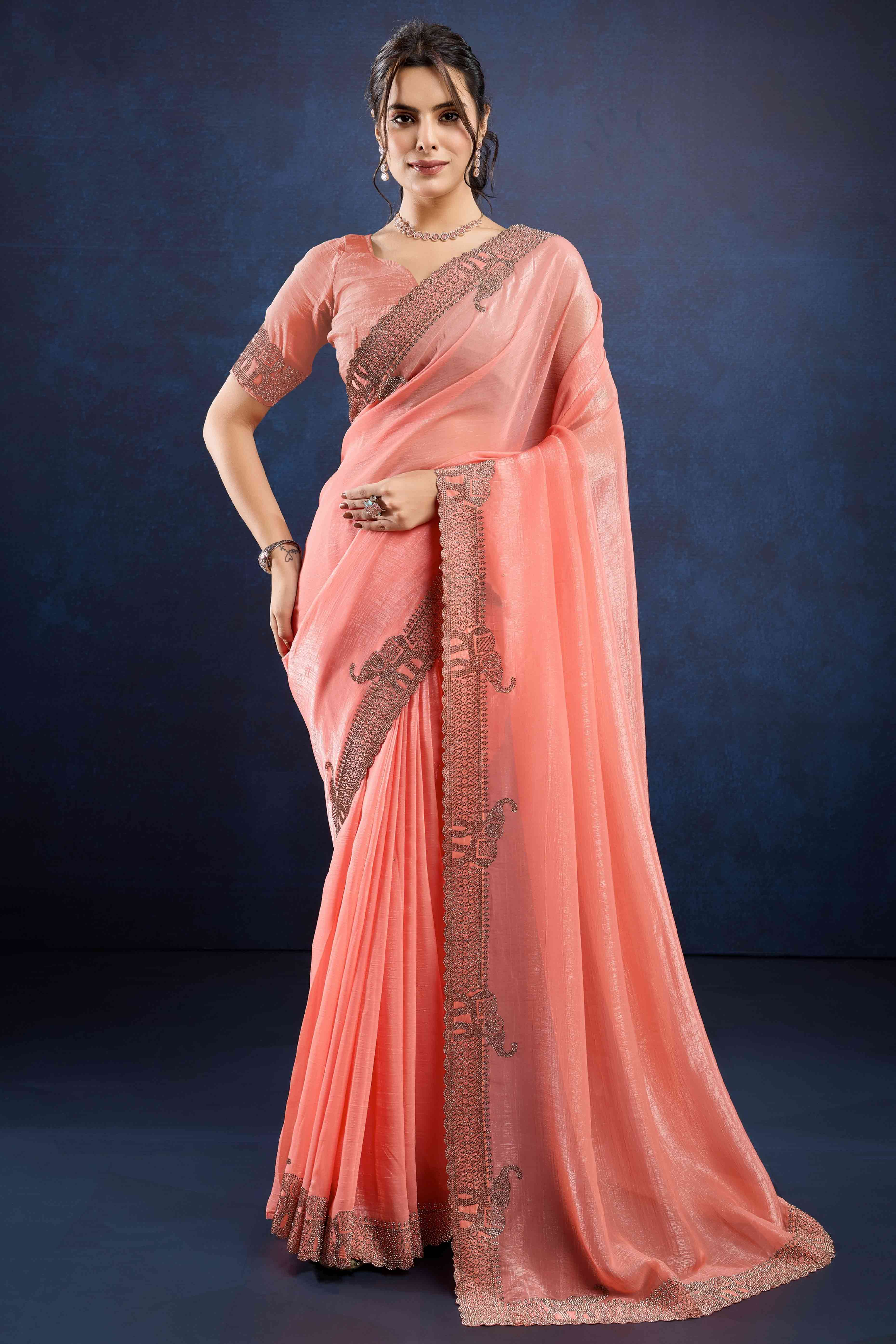 Peach Zarkan Diamond Work Crunchy Silk Fancy Fabric Saree