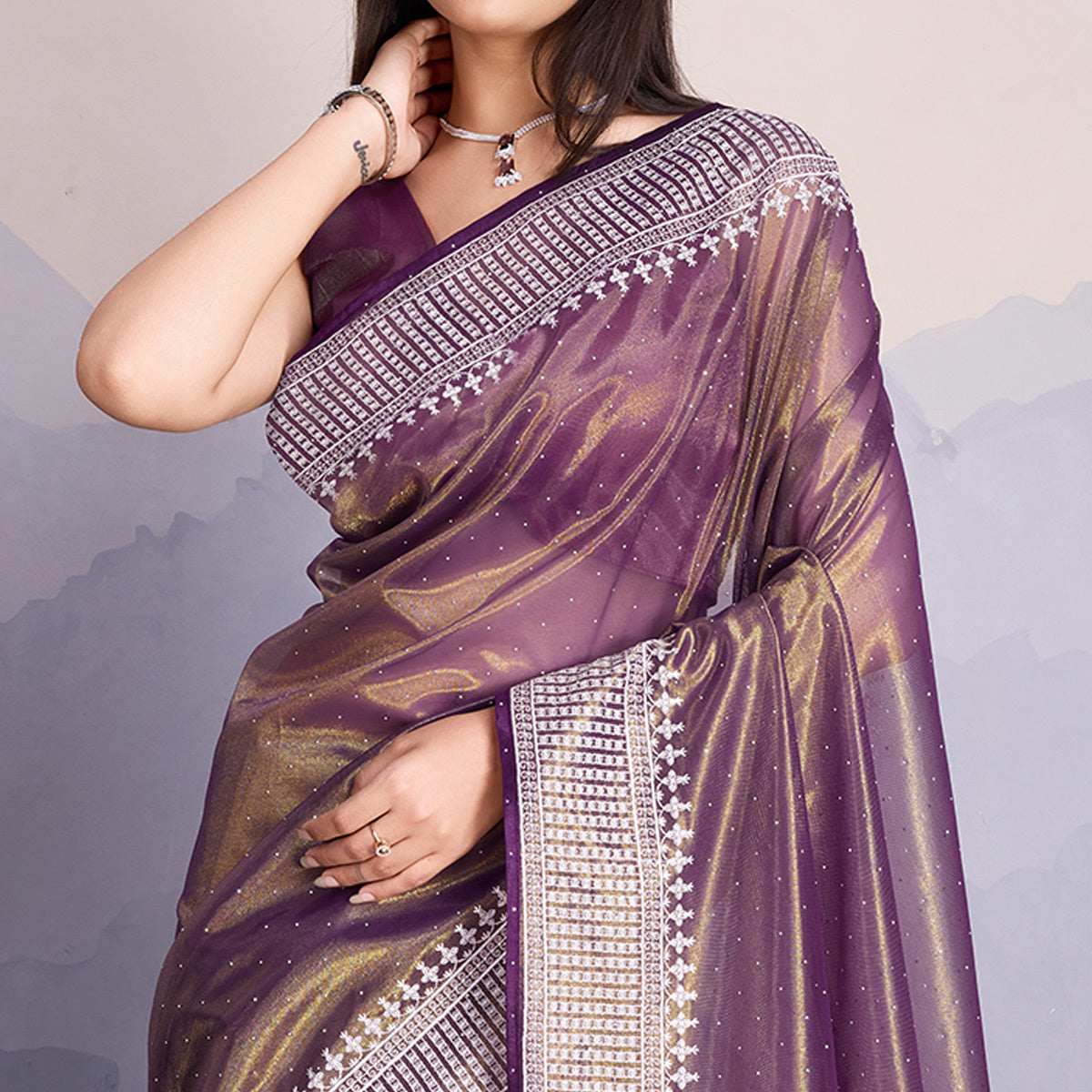 Purple Swarovski Work Embroidered Net Saree