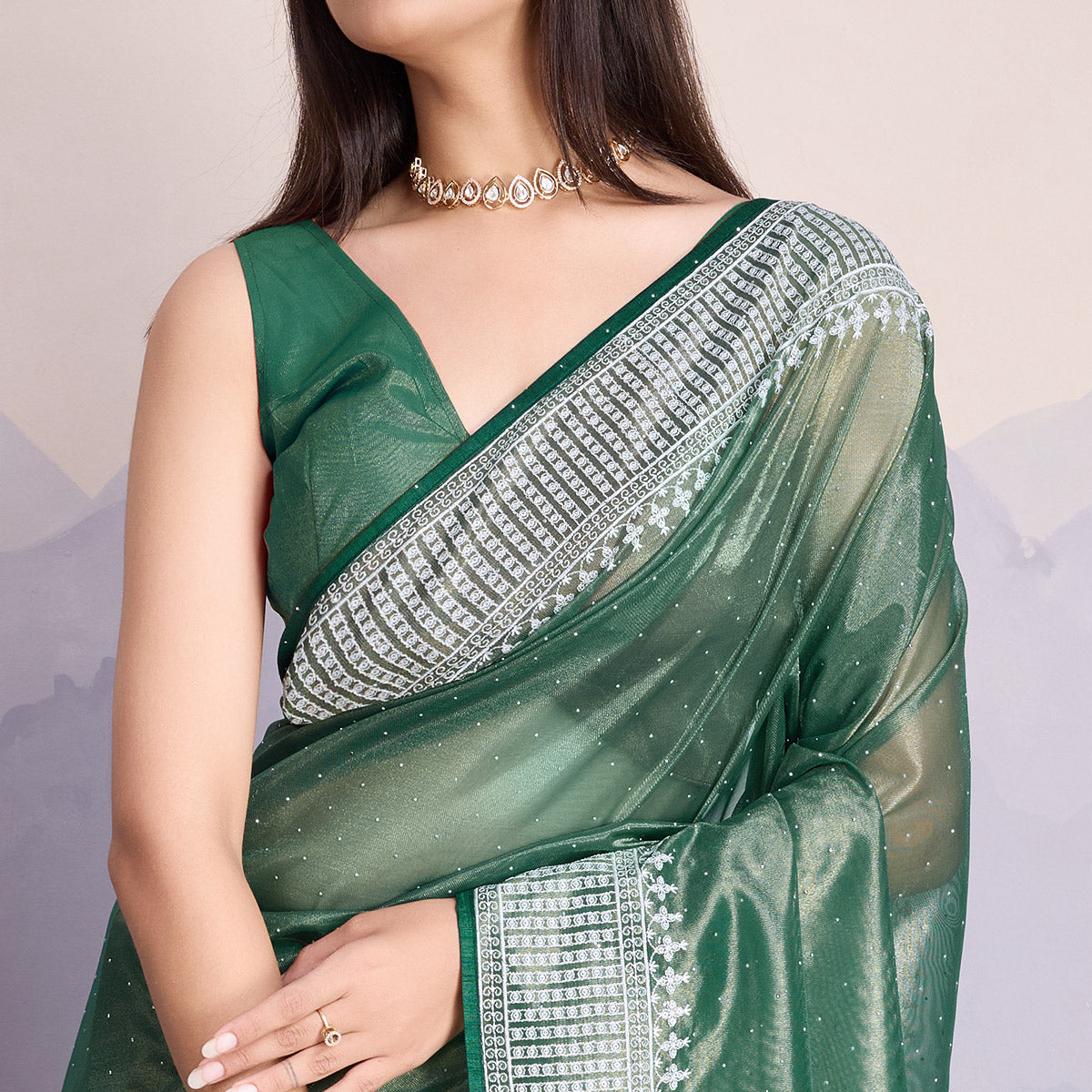 Green Swarovski Work Embroidered Net Saree