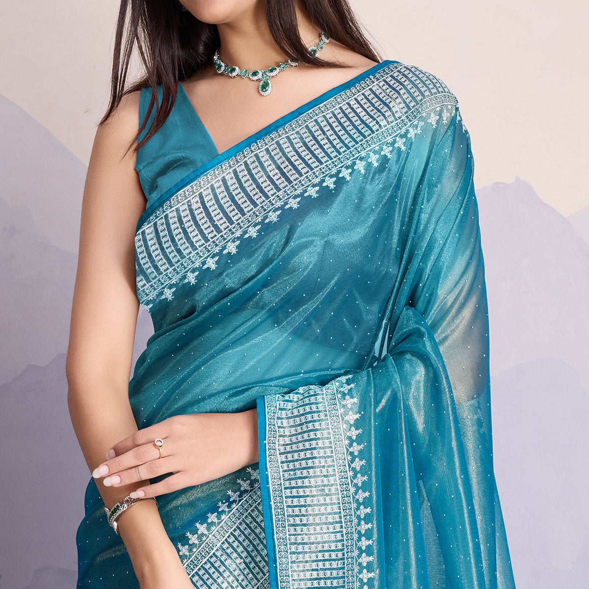 Blue Swarovski Work Embroidered Net Saree