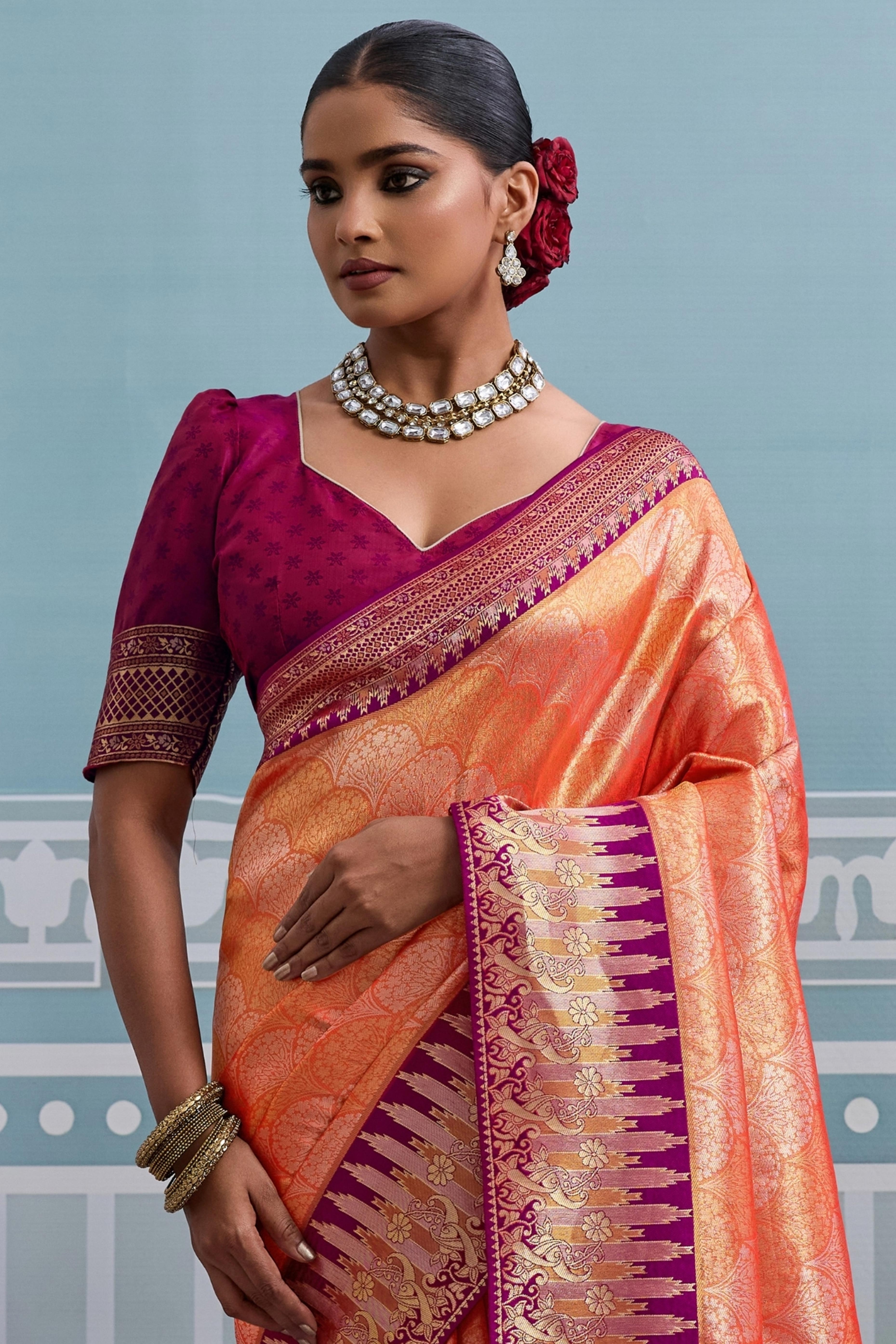 Orange Soft Kanjivaram Silk Saree with Classic Zari Weaving for Elegant Styling