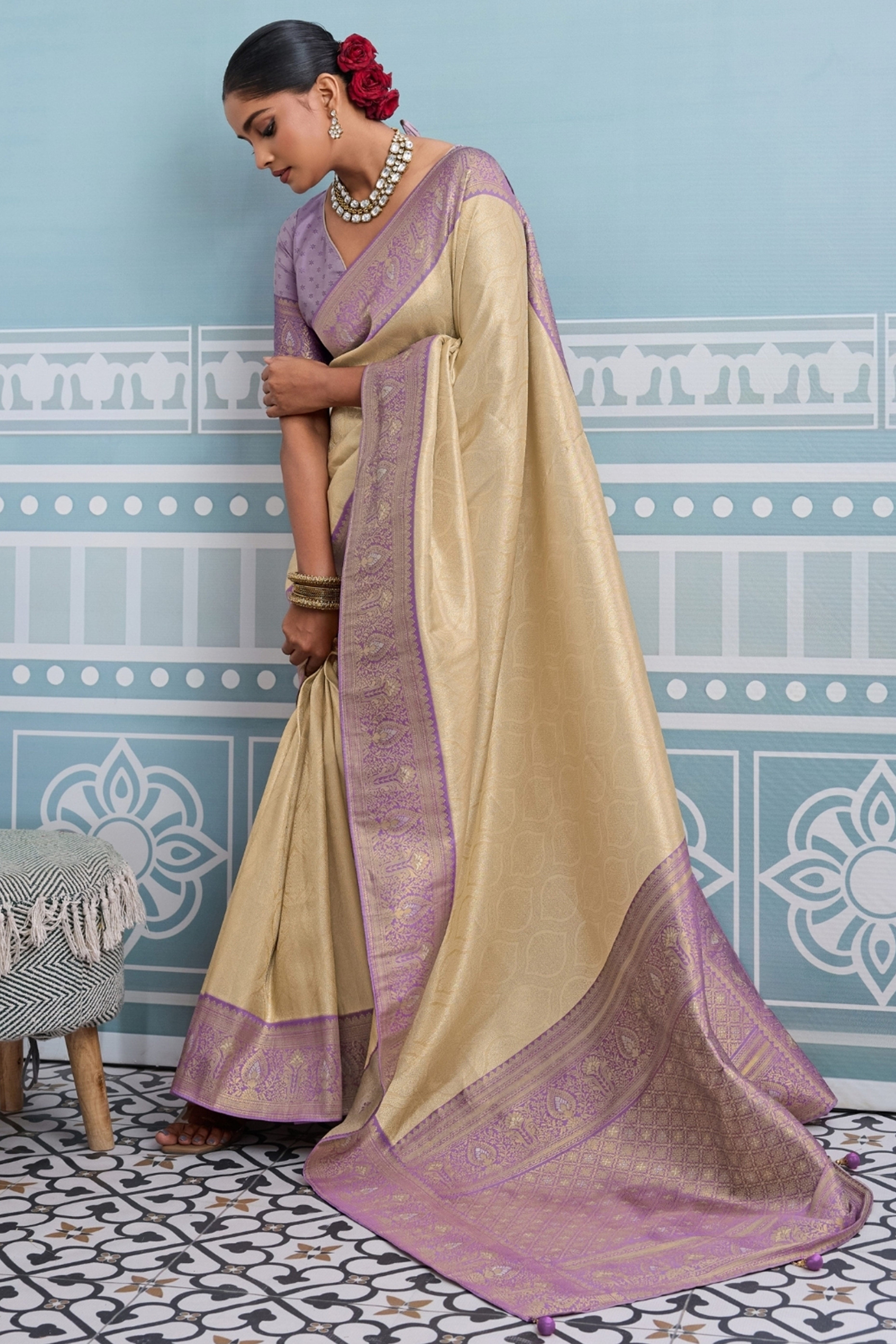 Beige Soft Kanjivaram Silk Saree with Classic Zari Weaving for Elegant Styling