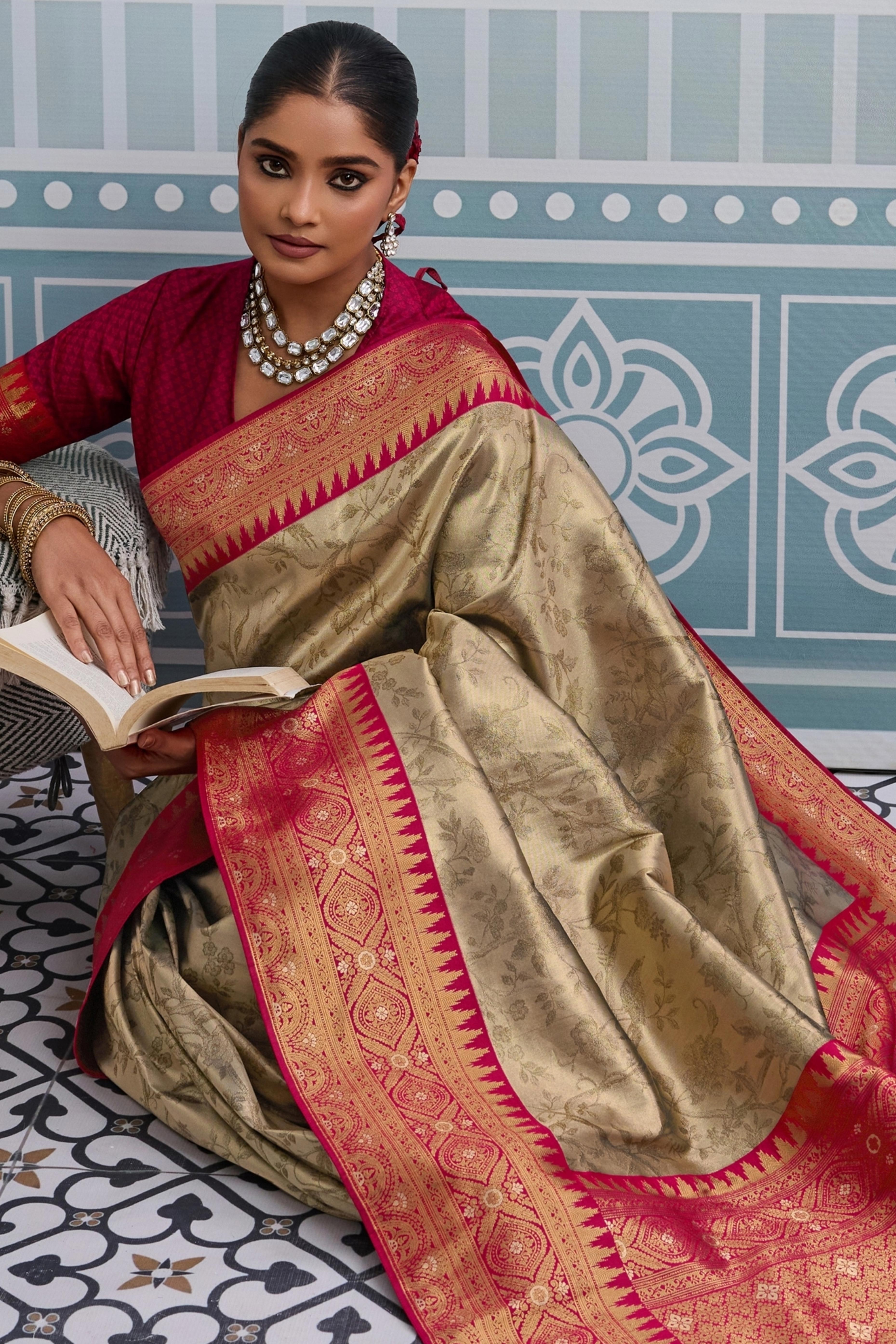 Beige Zari Woven Soft Kanjivaram Silk Saree for Traditional and Special Occasions