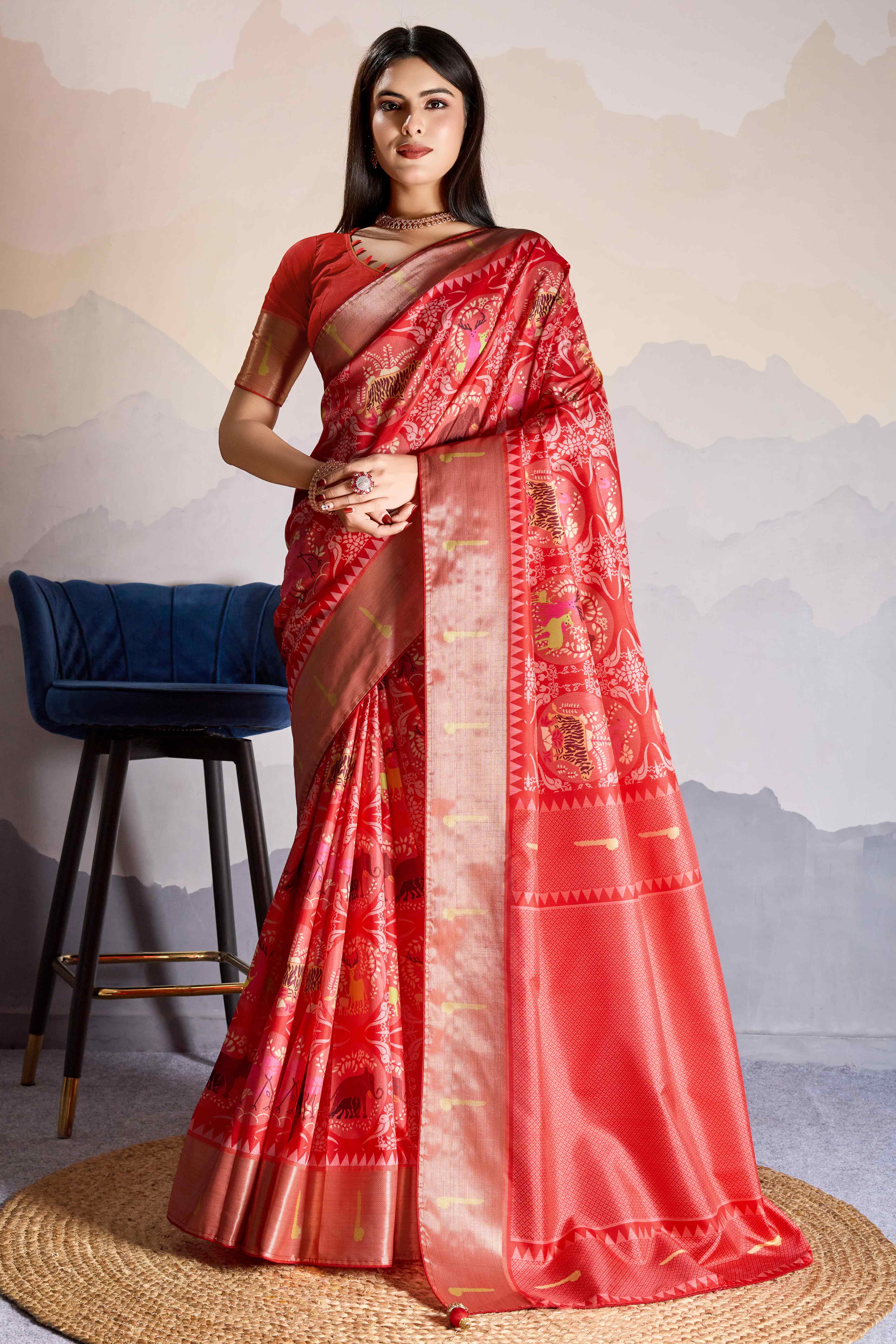 Red Digital Printed Dola Silk Saree With Exquisite Weaving Zari Border & Opulent Pallu