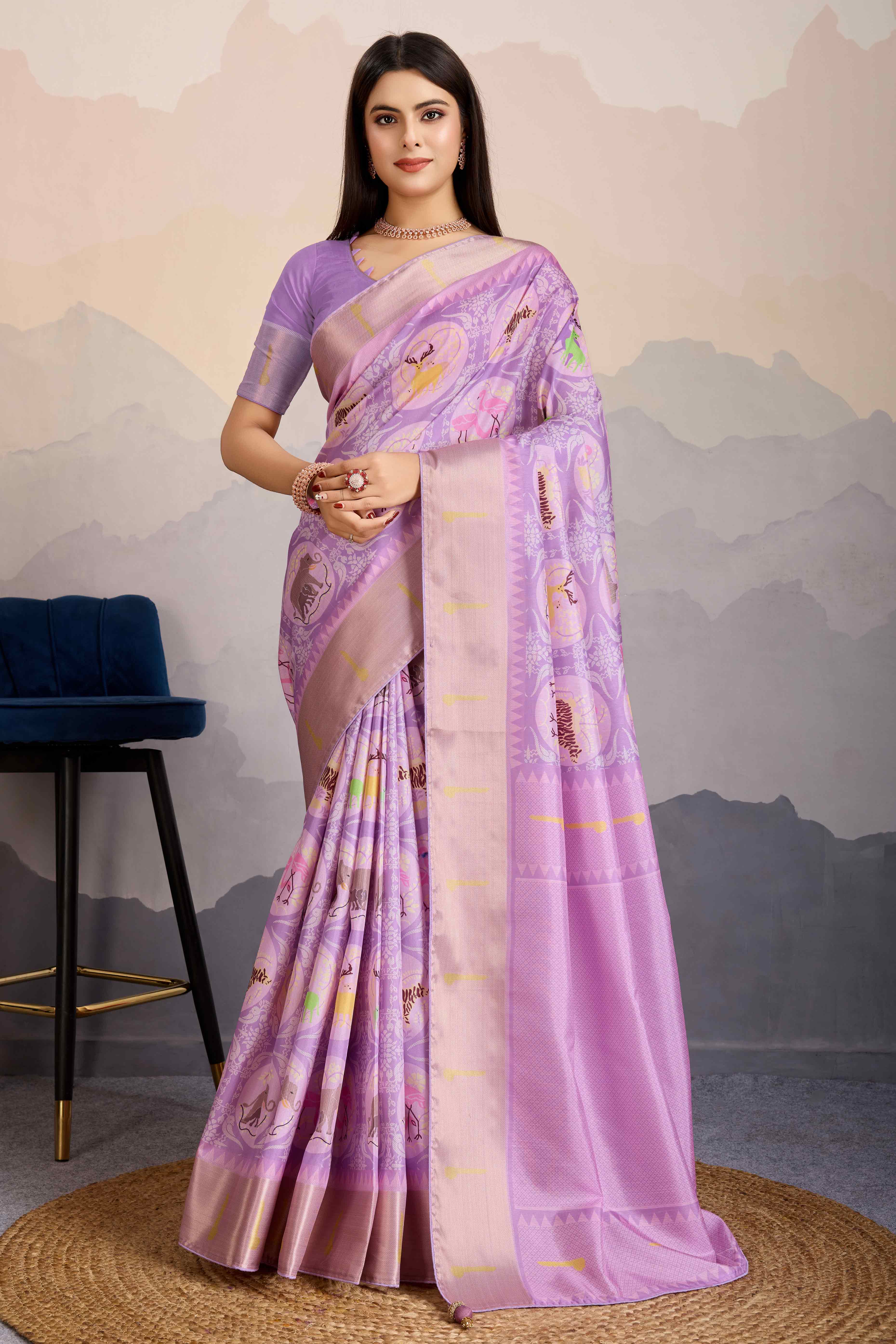 Lavender Digital Printed Dola Silk Saree With Exquisite Weaving Zari Border & Opulent Pallu
