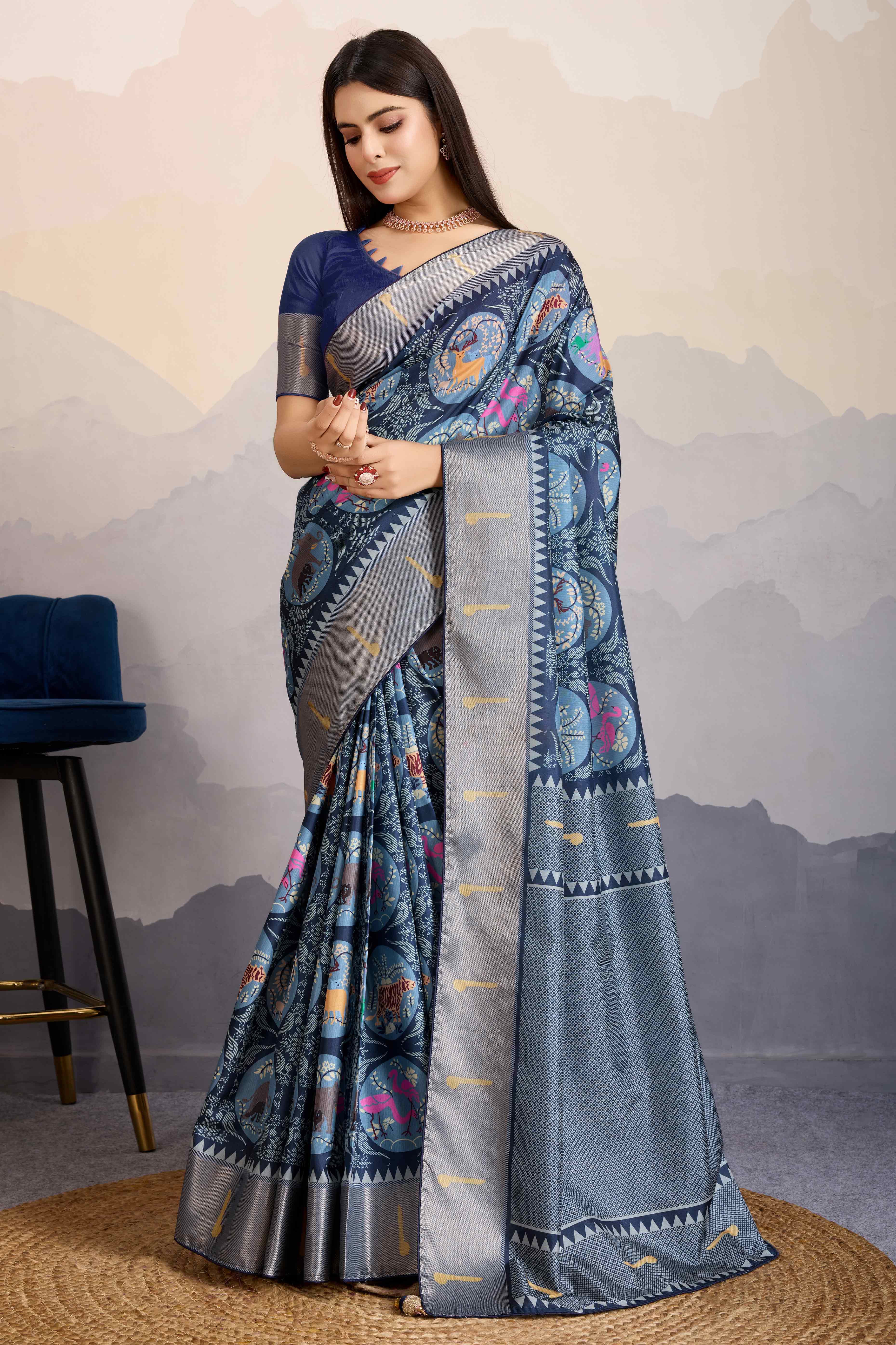 Blue Digital Printed Dola Silk Saree With Exquisite Weaving Zari Border & Opulent Pallu