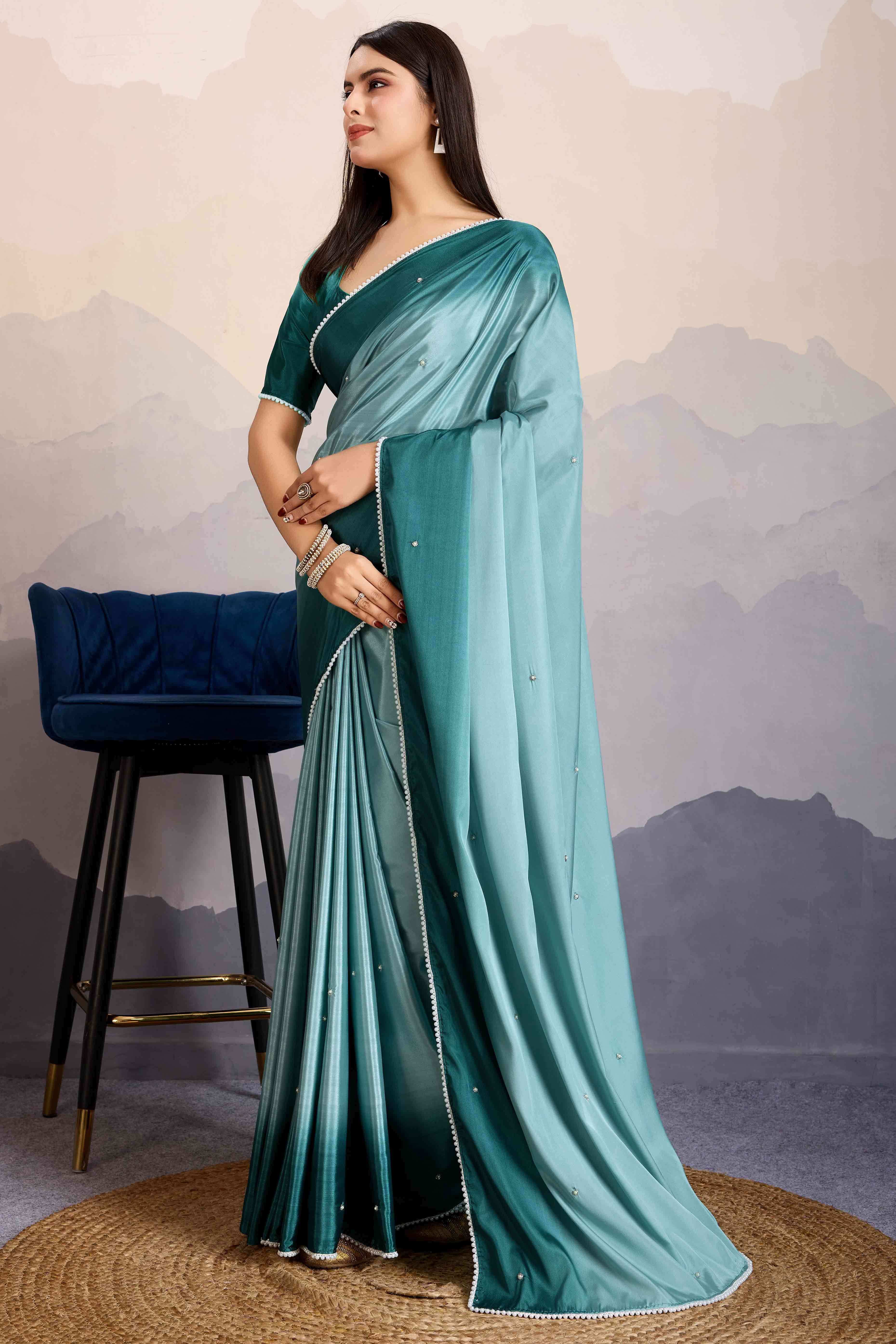 Sea Green Ombre Satin Saree with Delicate Bead Embellishments
