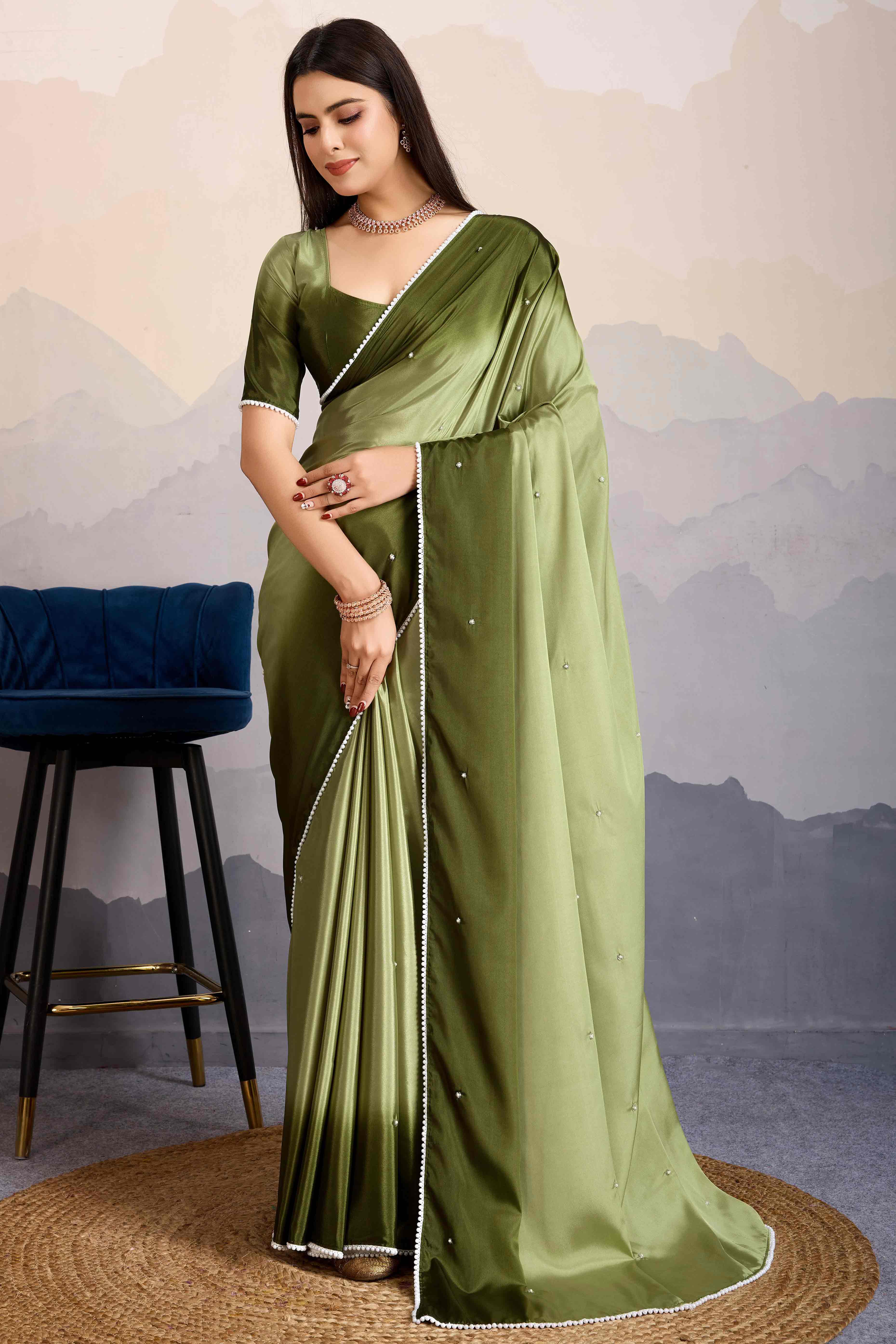 Green Ombre Satin Saree with Delicate Bead Embellishments