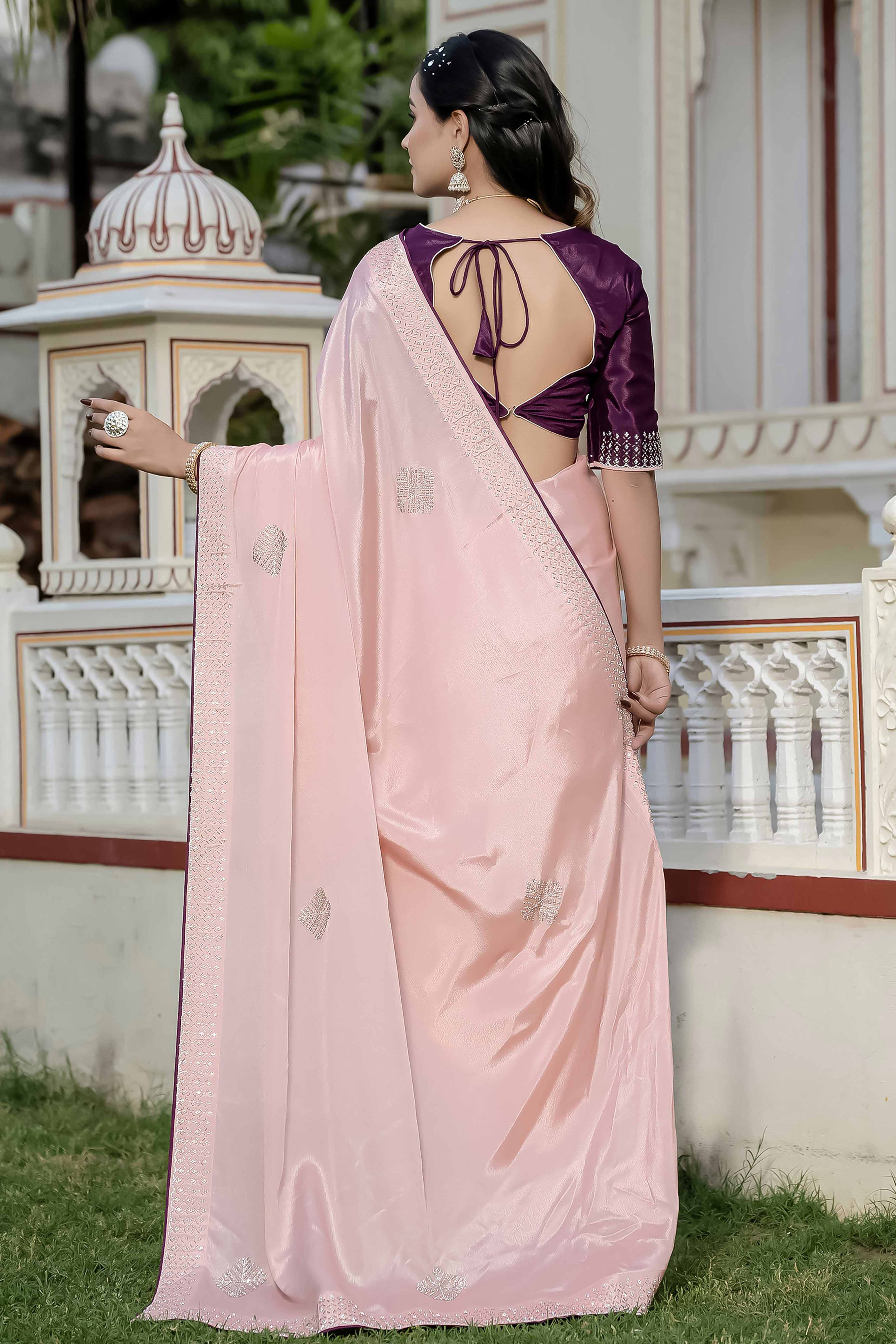Pink Chinon Saree Adorned With Scattered Buttas & Intricate Beads & Zarkan Handwork