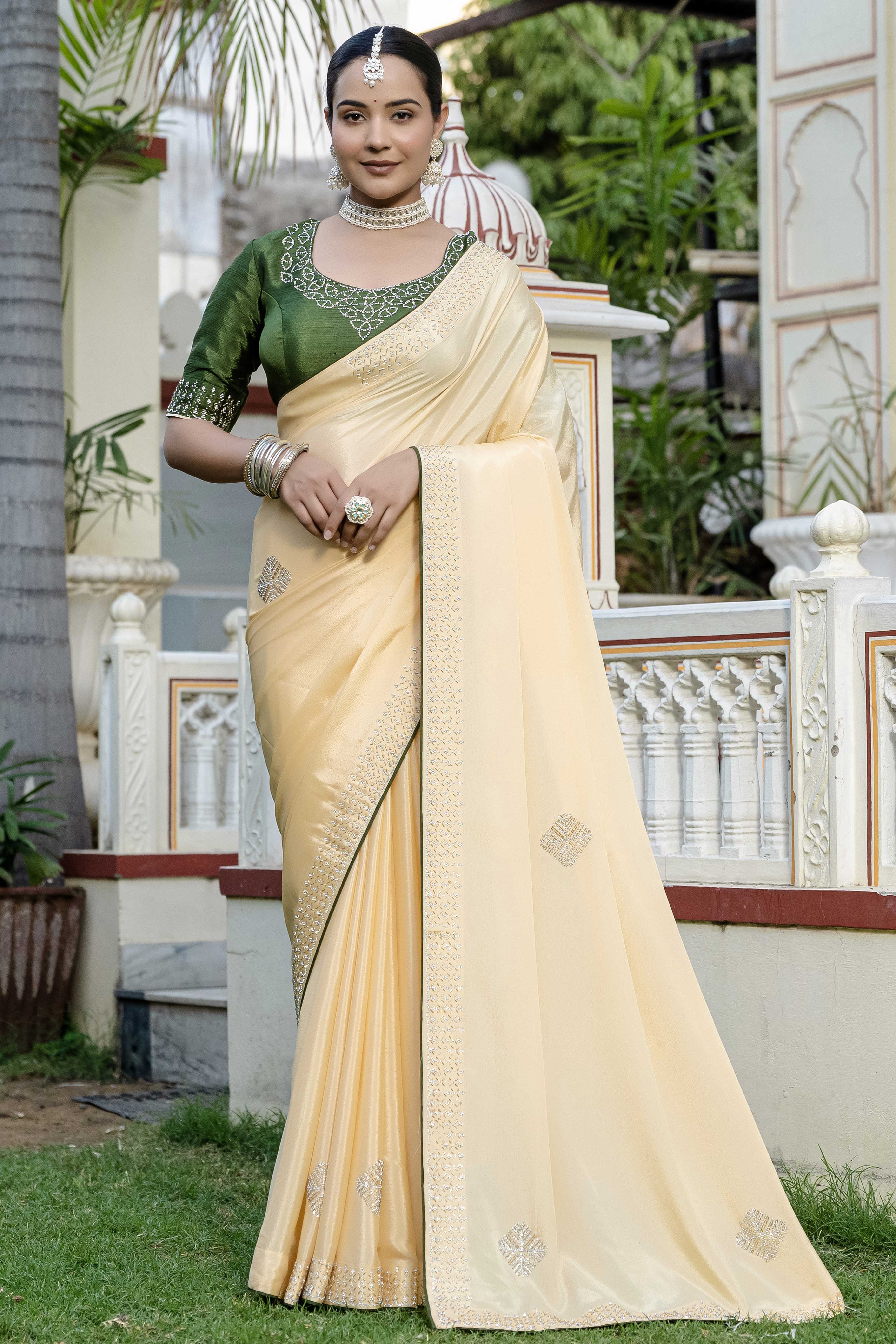 Yellow Chinon Saree Adorned With Scattered Buttas & Intricate Beads & Zarkan Handwork