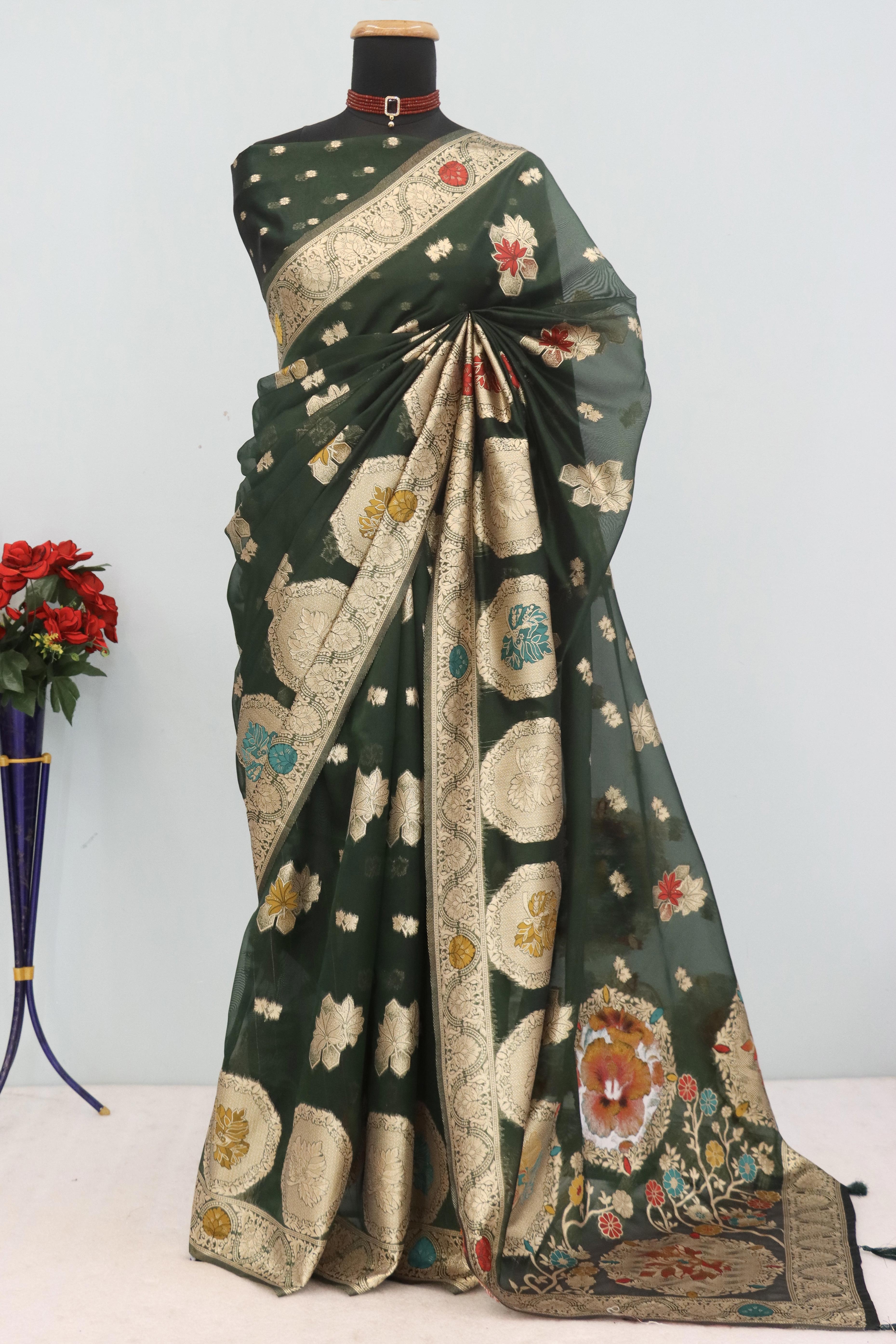Charming Dark Green Zari Woven Floral Organza Saree Accented With Digital Printed Pallu & Latkan