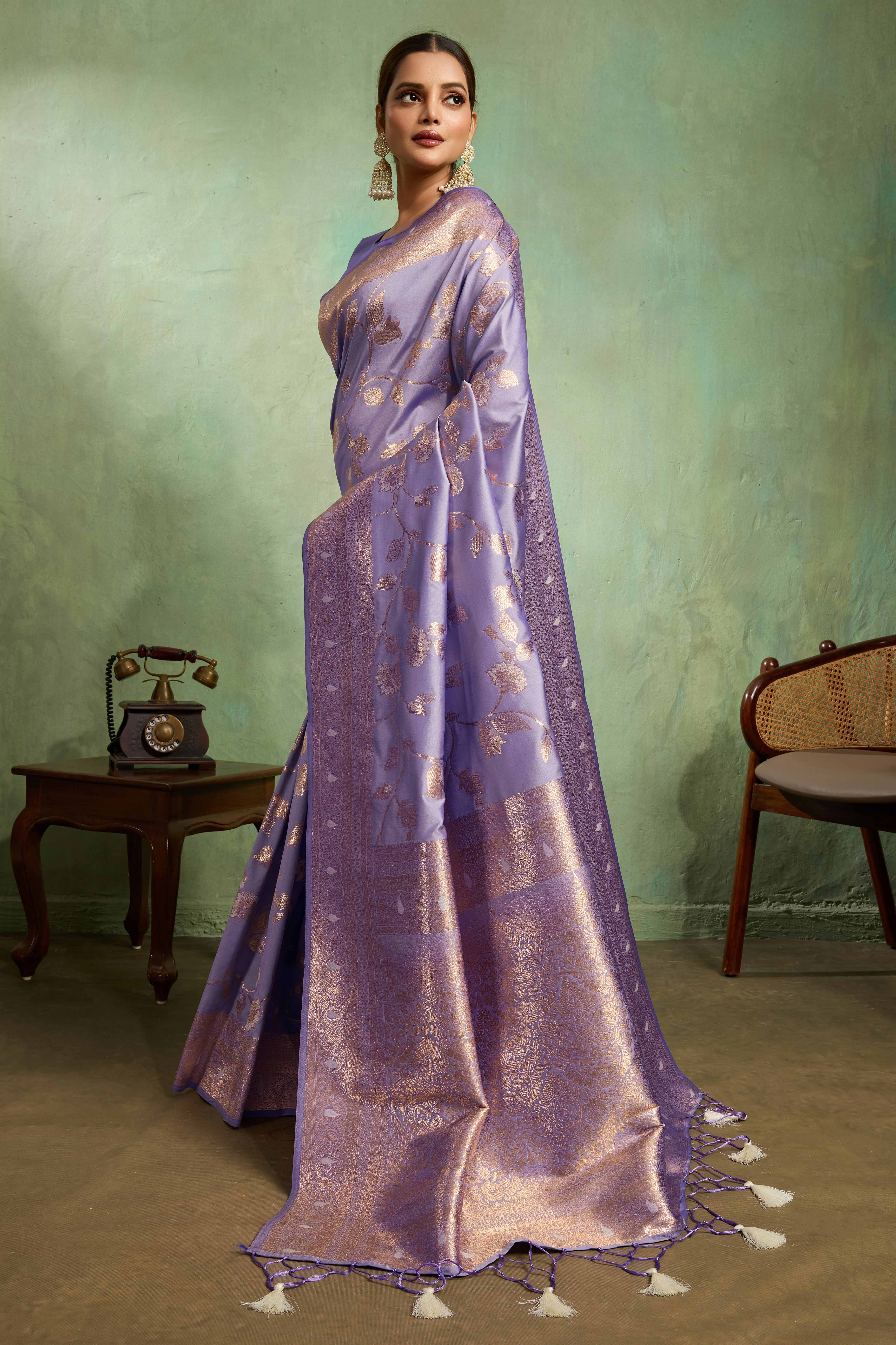 Lavender Dual Tone Banarasi Silk Saree Accented with Meenakari Weaves