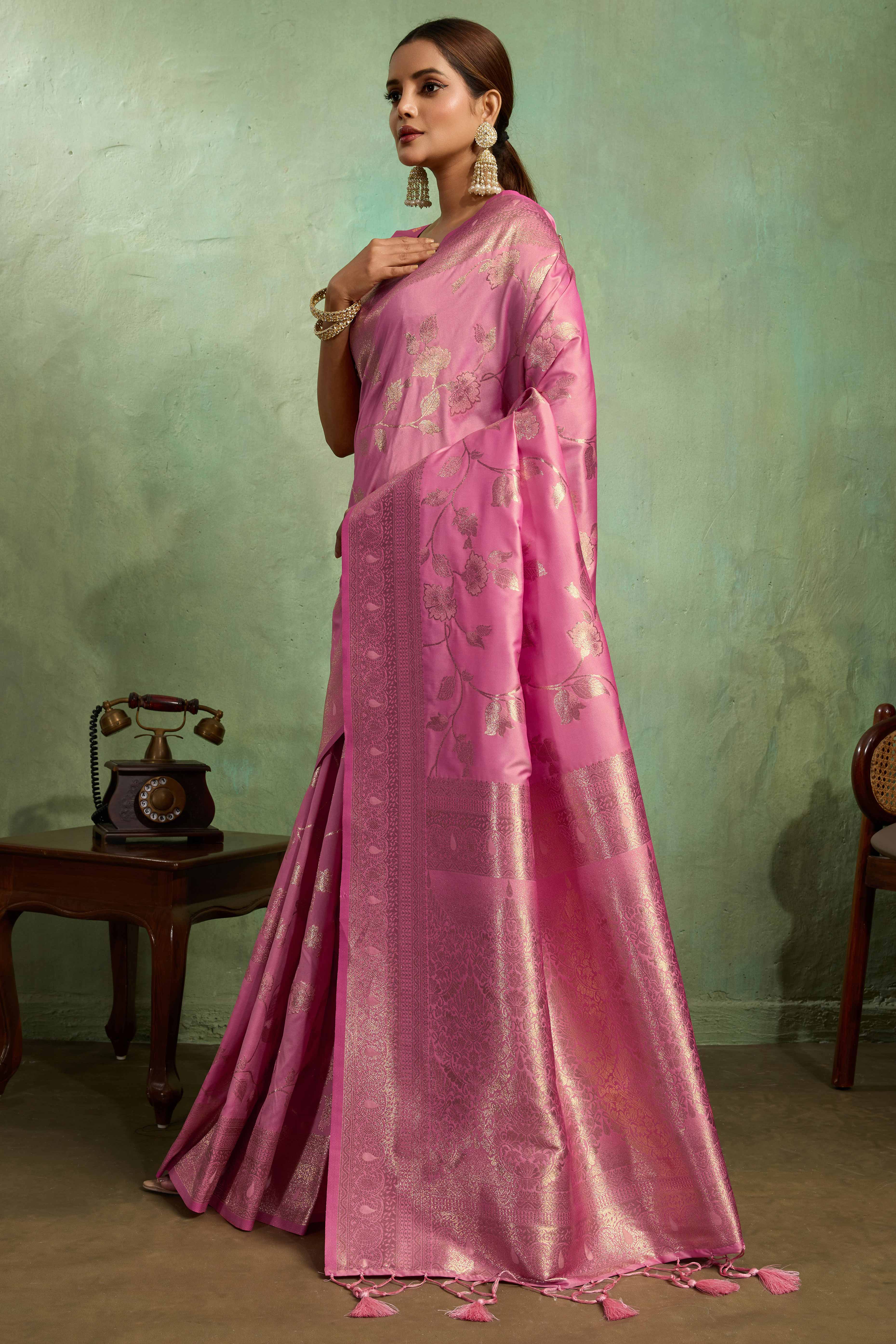 Pink Dual Tone Banarasi Silk Saree Accented with Meenakari Weaves