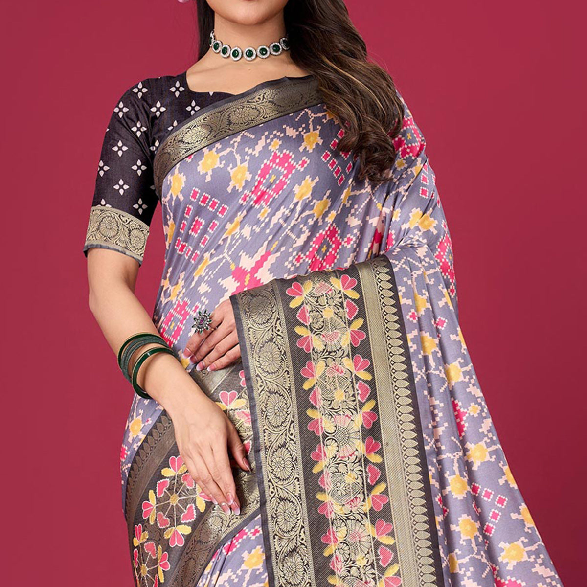 Grey & Black Digital Patola Printed With Woven Border Dola Silk Saree