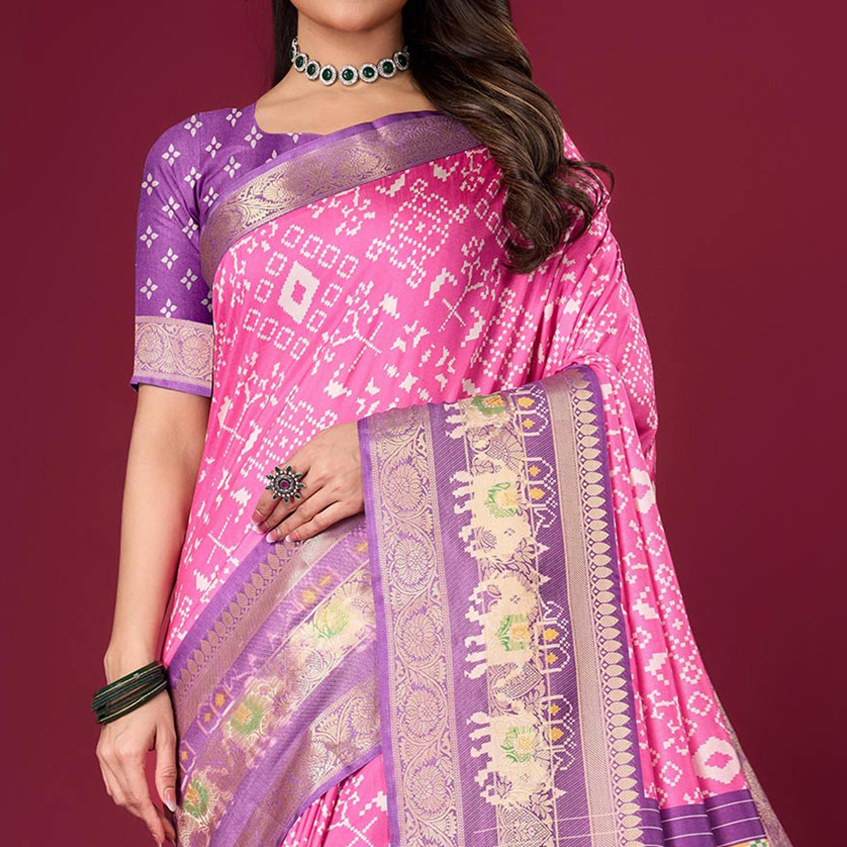 Pink & Purple Digital Patola Printed With Woven Border Dola Silk Saree