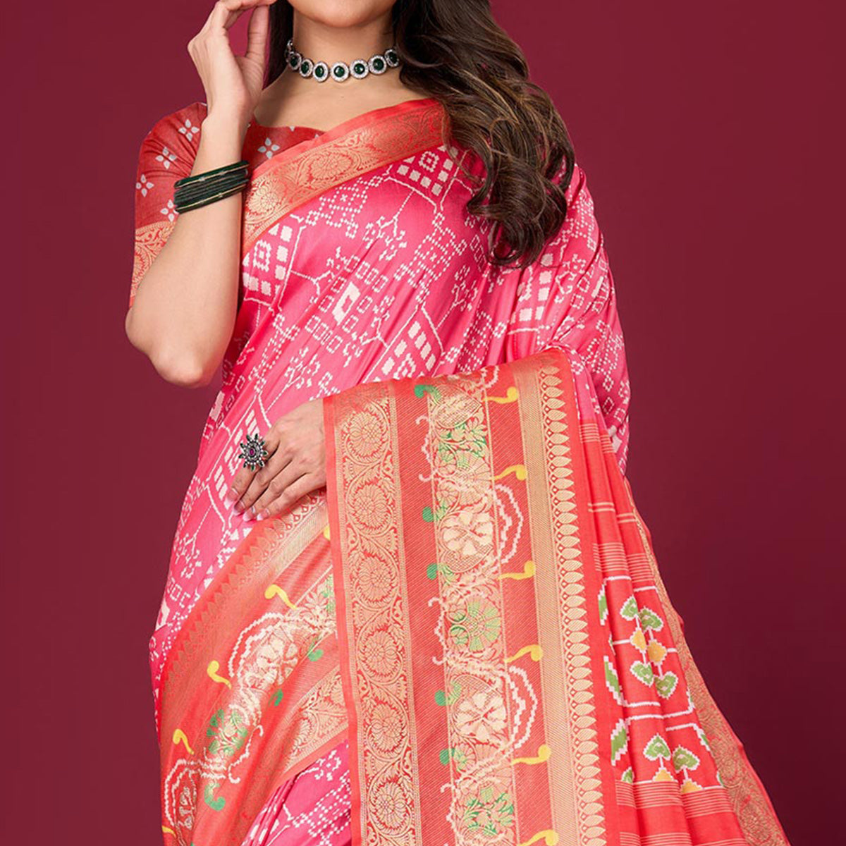 Pink & Red Digital Patola Printed With Woven Border Dola Silk Saree
