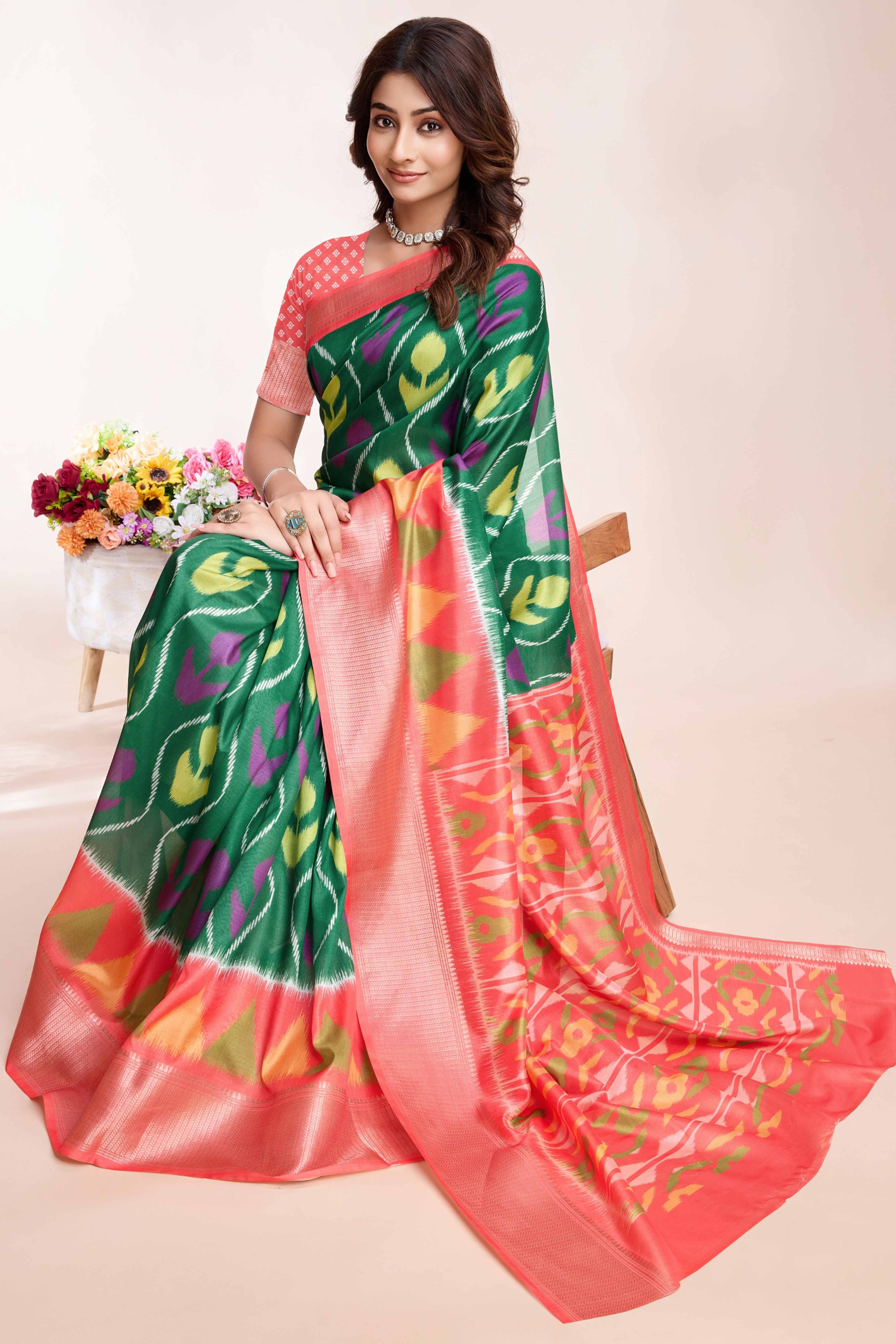 Green Patola Printed Dola Silk Saree