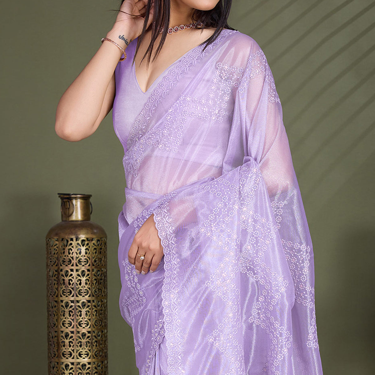 Lavender Sequins Embroidered Shimmer Net Saree