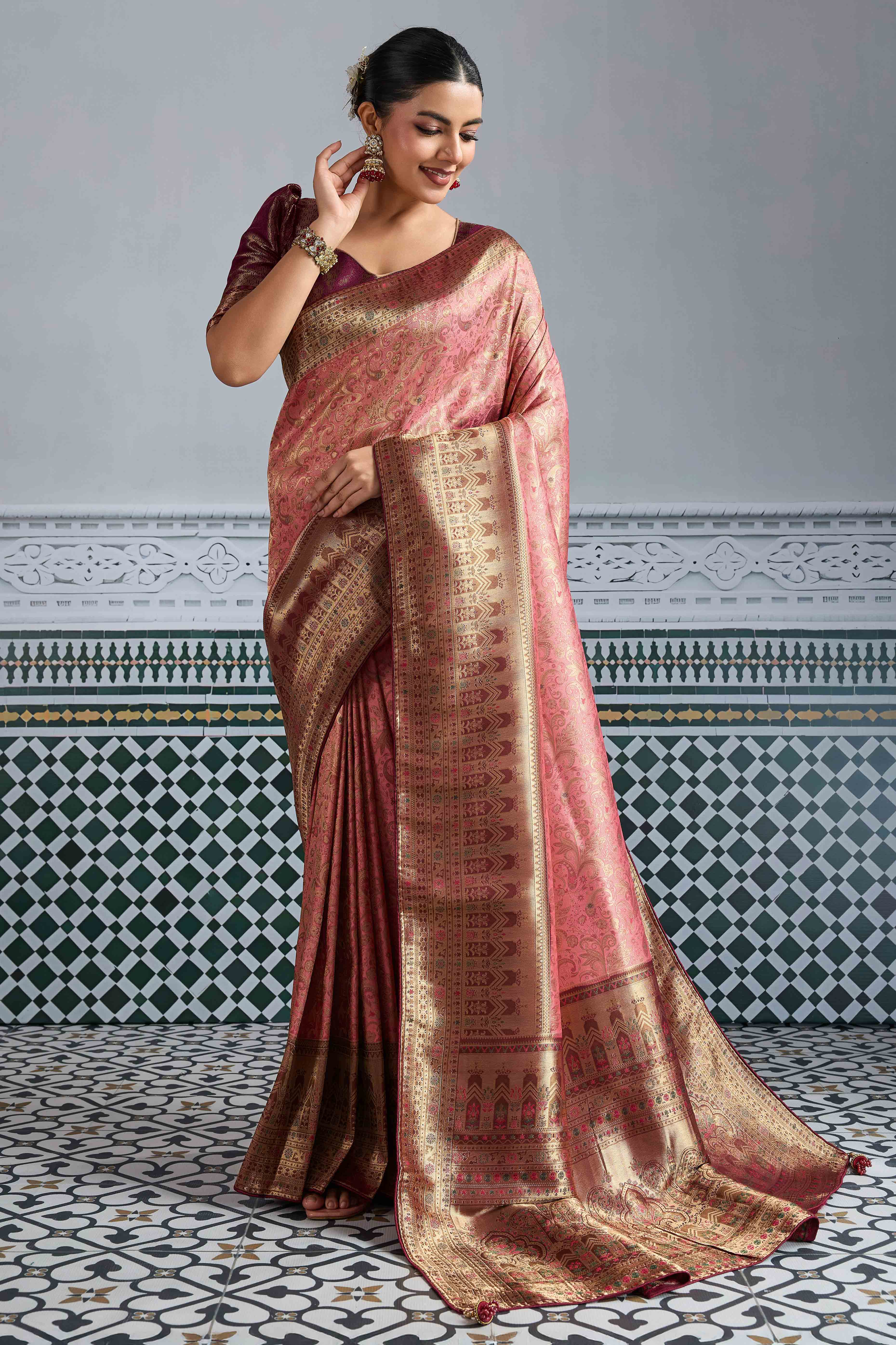 Pink Floral Meenakari Weaving Kanjivaram Silk Saree With Rich Piping & Tassel Pallu
