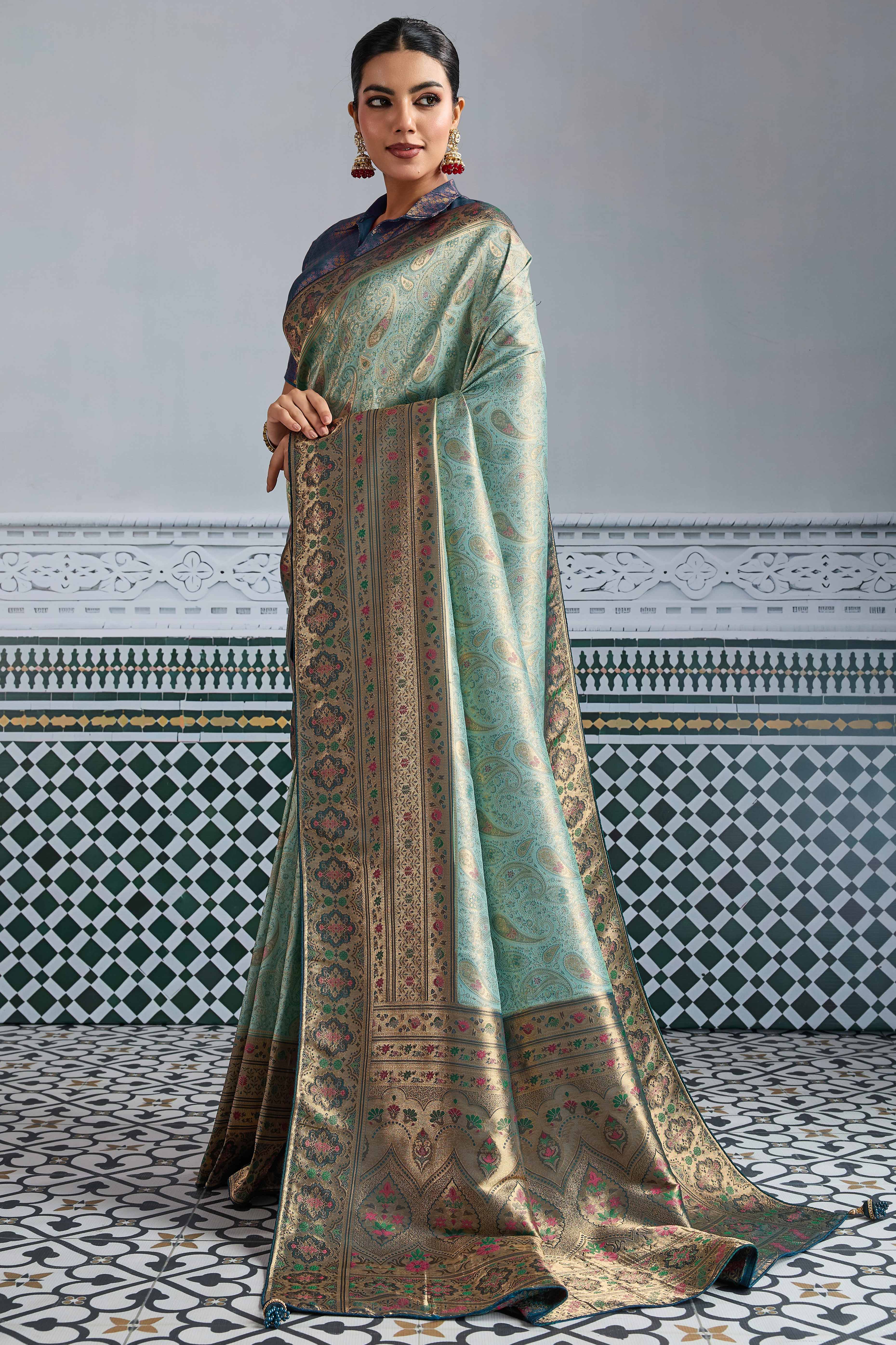 Sea Green Meenakari Woven Kanjivaram Silk Saree For Festive Elegance