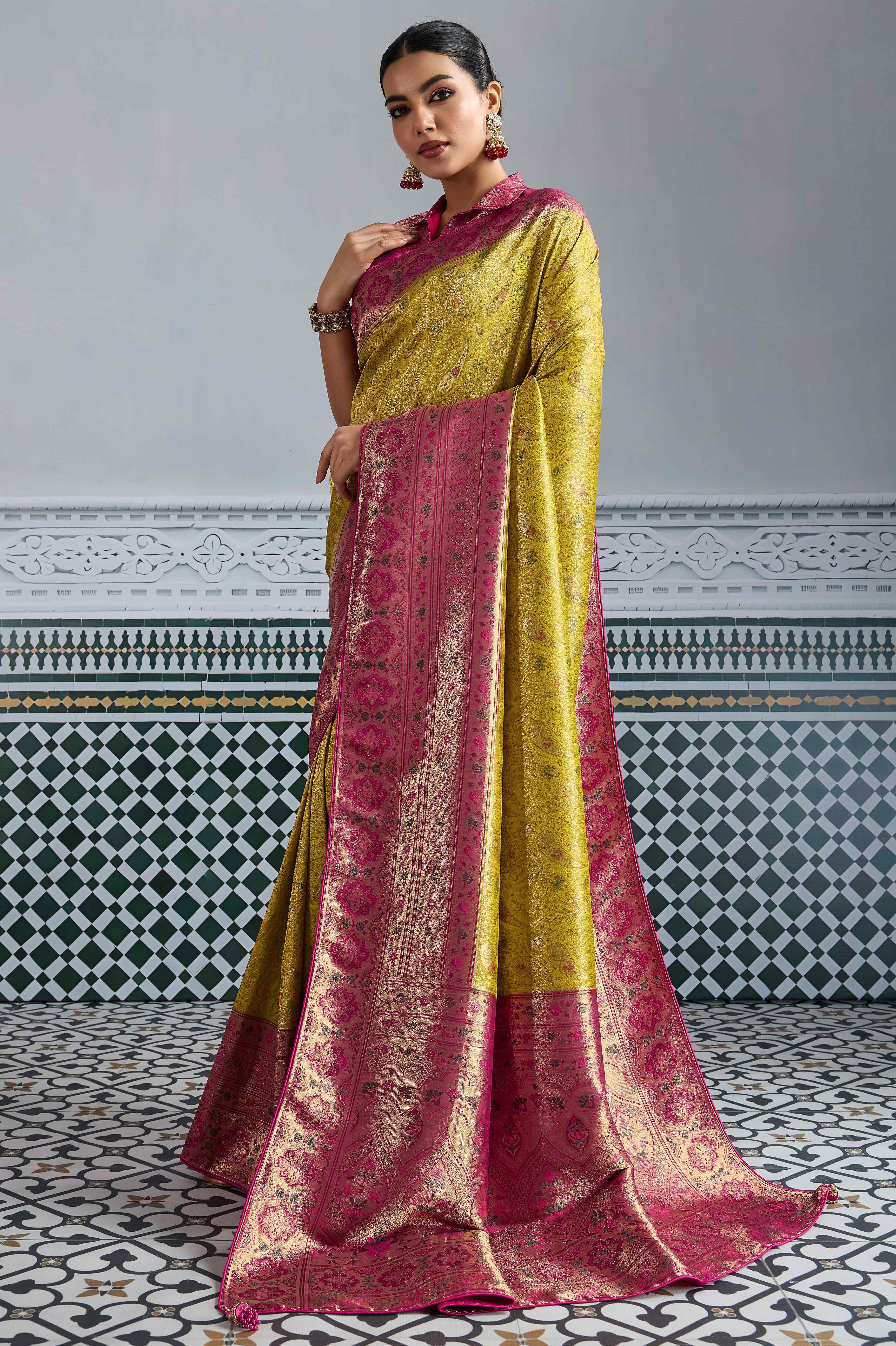 Mustard Meenakari Woven Kanjivaram Silk Saree For Festive Elegance