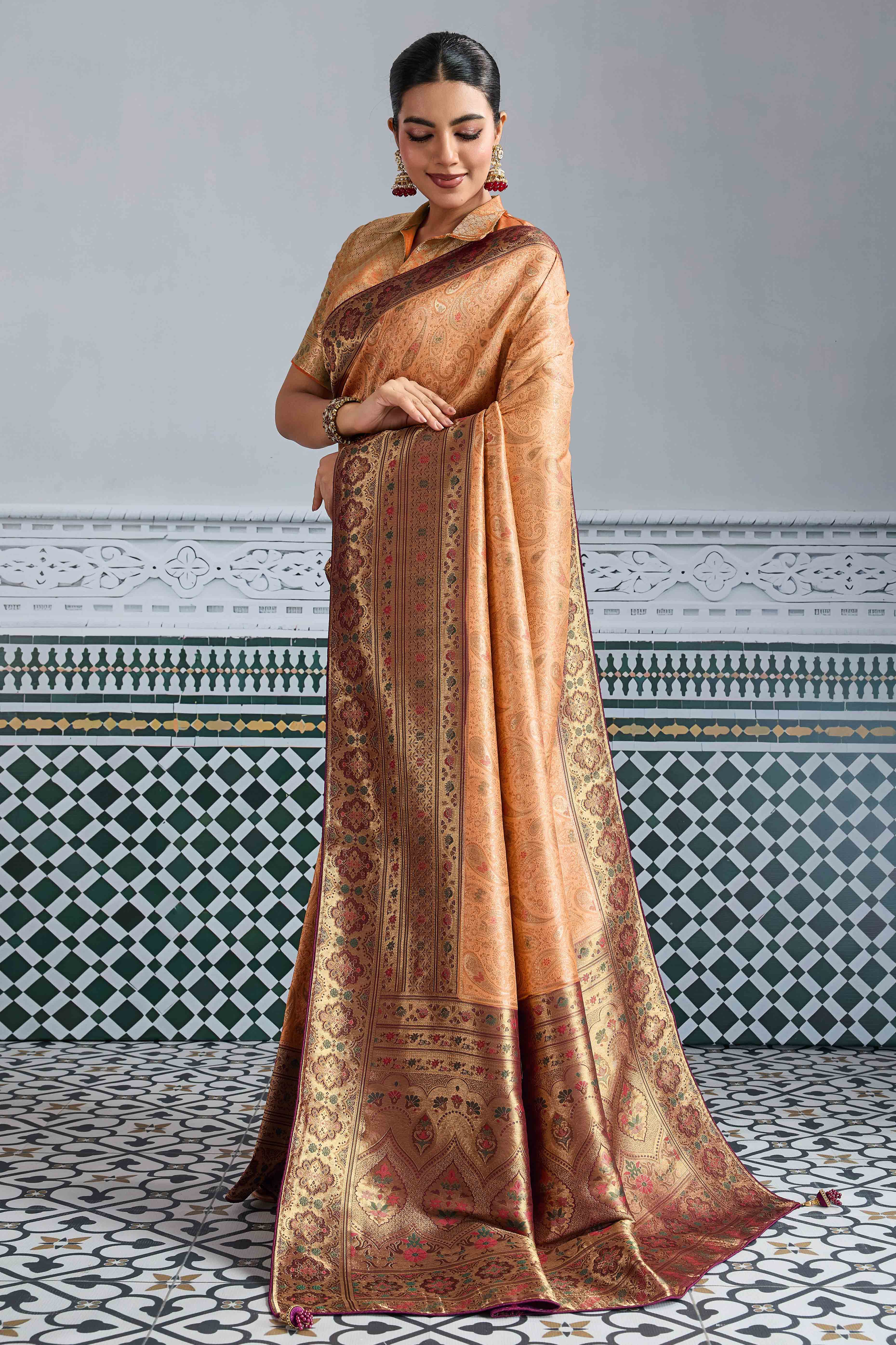 Peach Meenakari Woven Kanjivaram Silk Saree For Festive Elegance