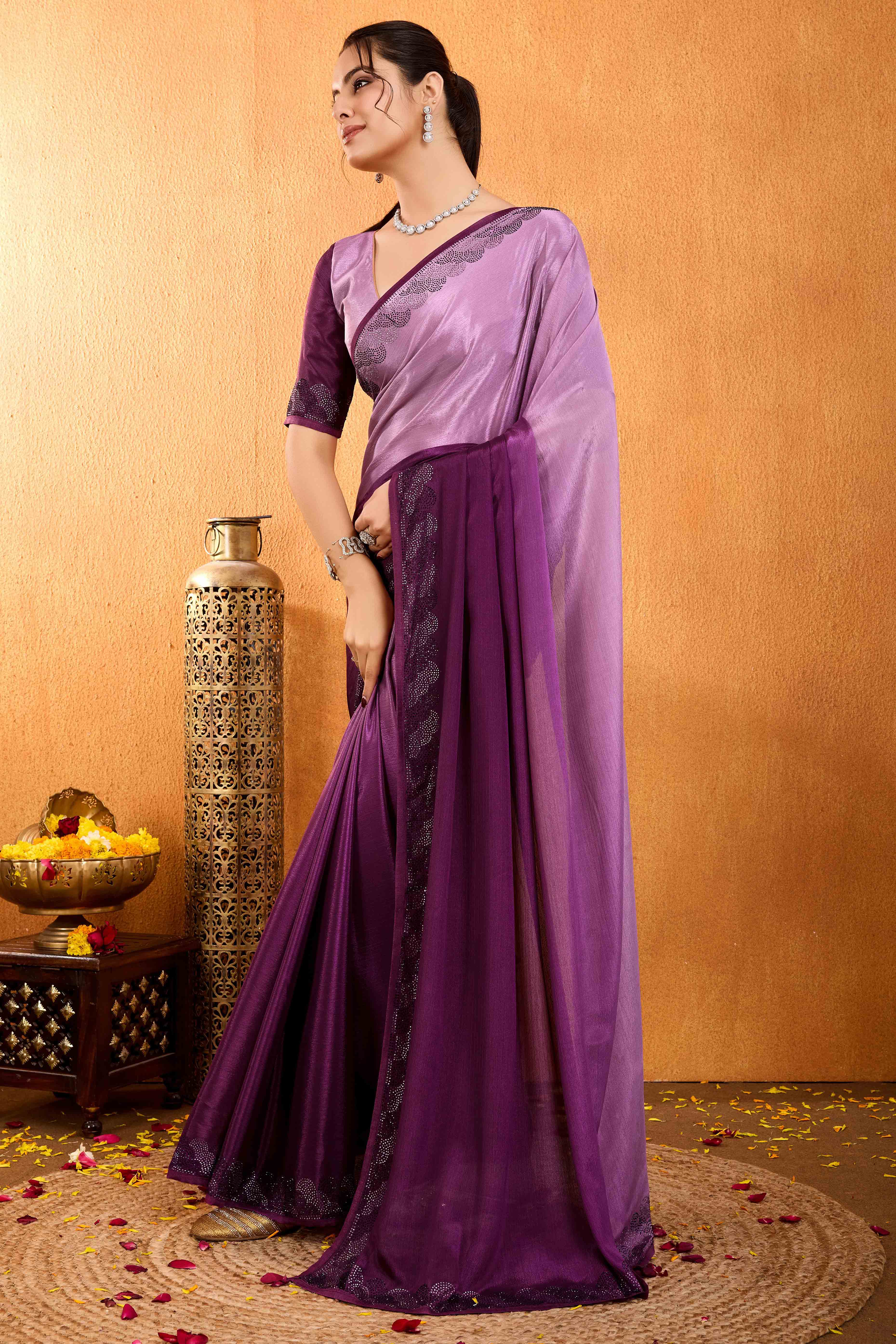 Wine Dual Tone Swarovski Work Chinon Ombre Saree