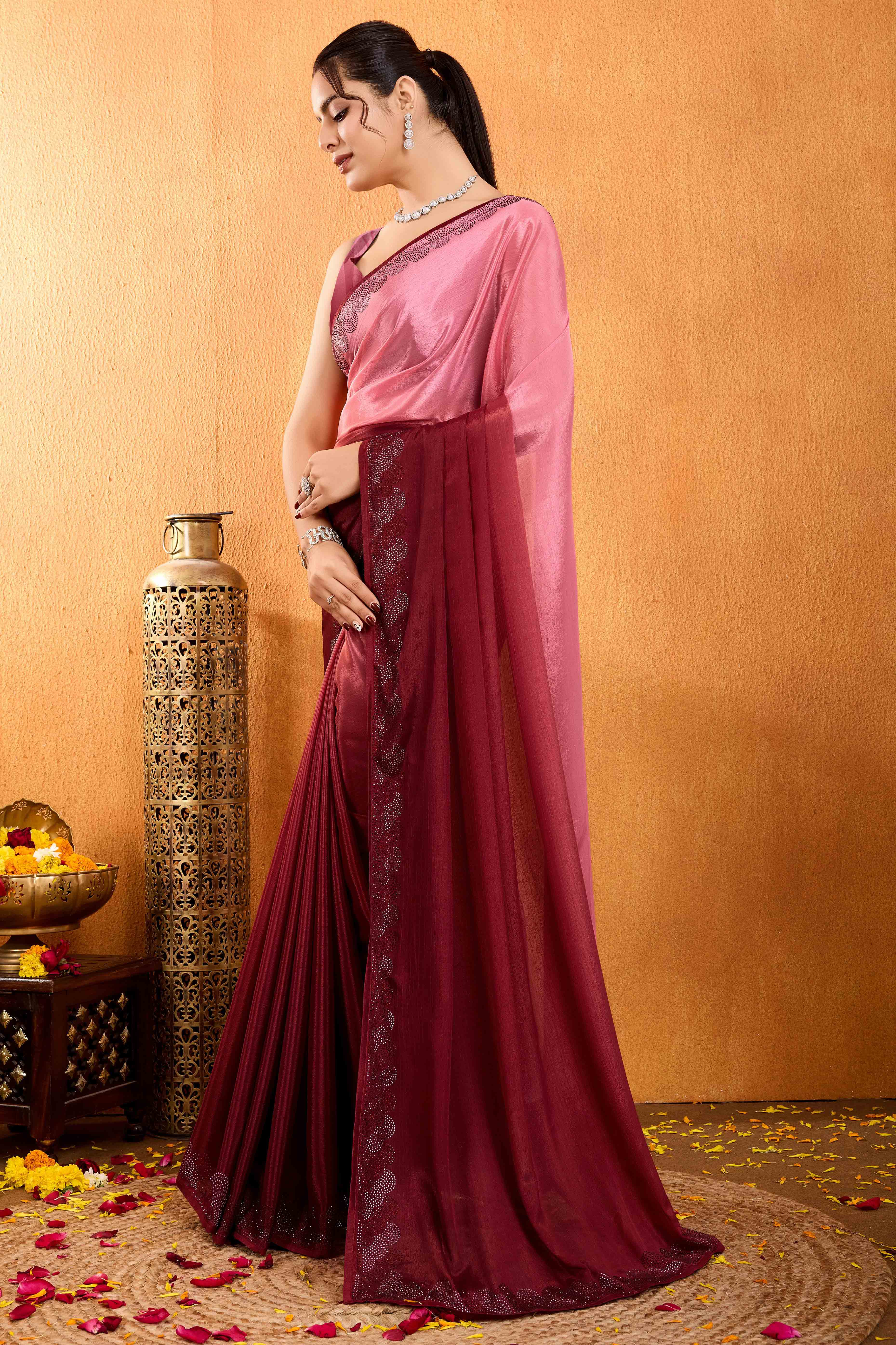 Maroon Dual Tone Swarovski Work Chinon Ombre Saree