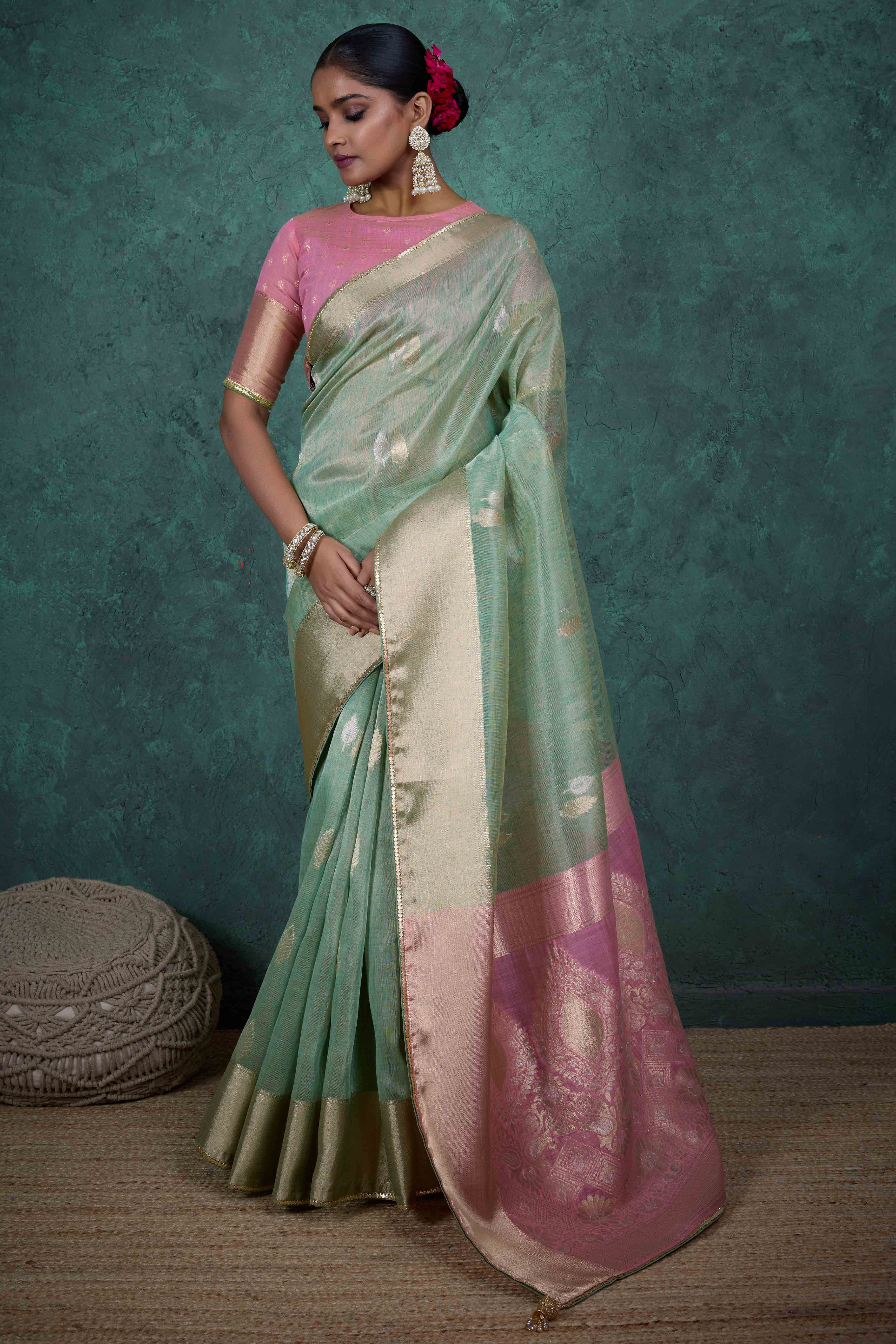 Mint Green Ethnic Cotton Blend Saree with Shimmering Zari Butti Weaves