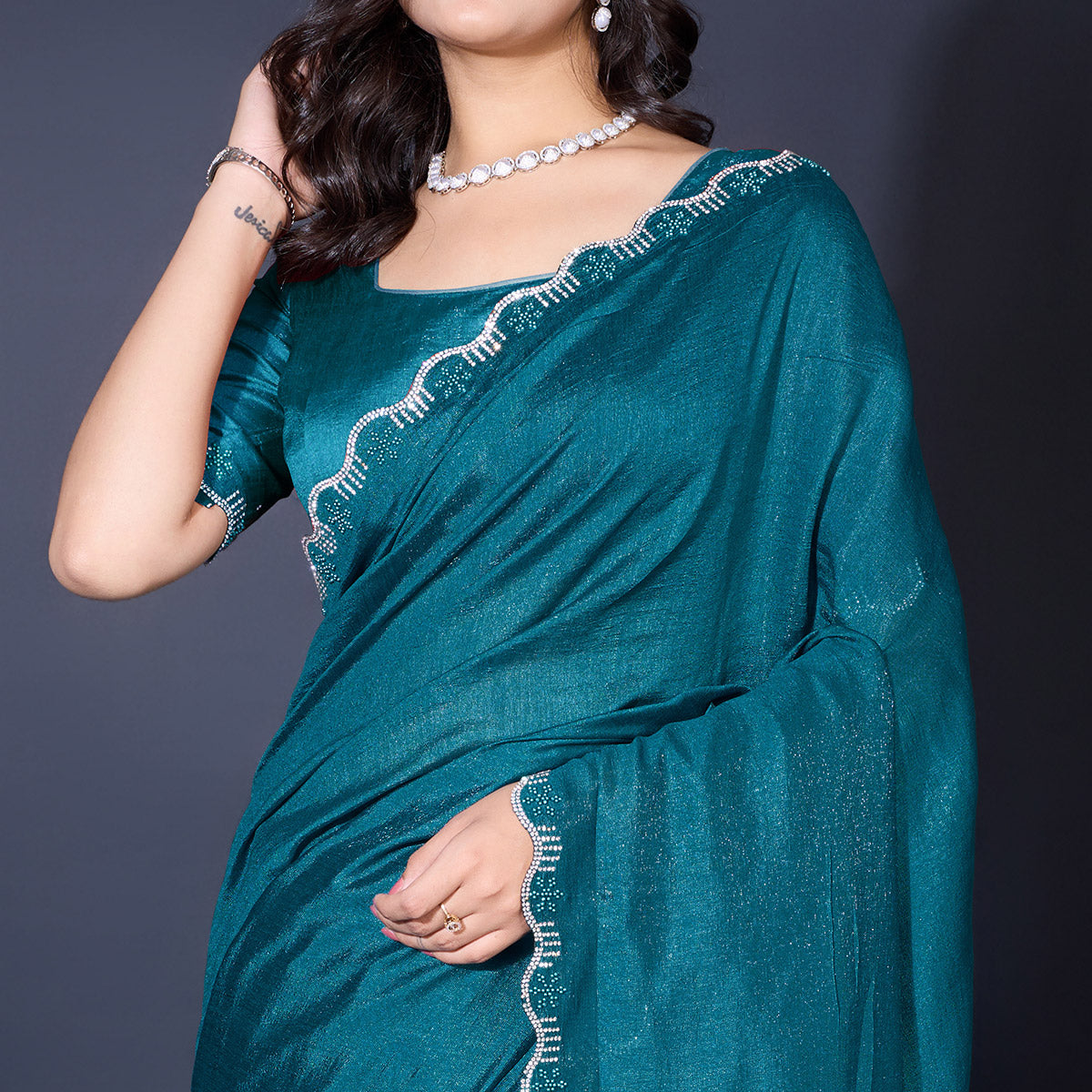 Teal Pearl Work Embroidered Khaadi Saree