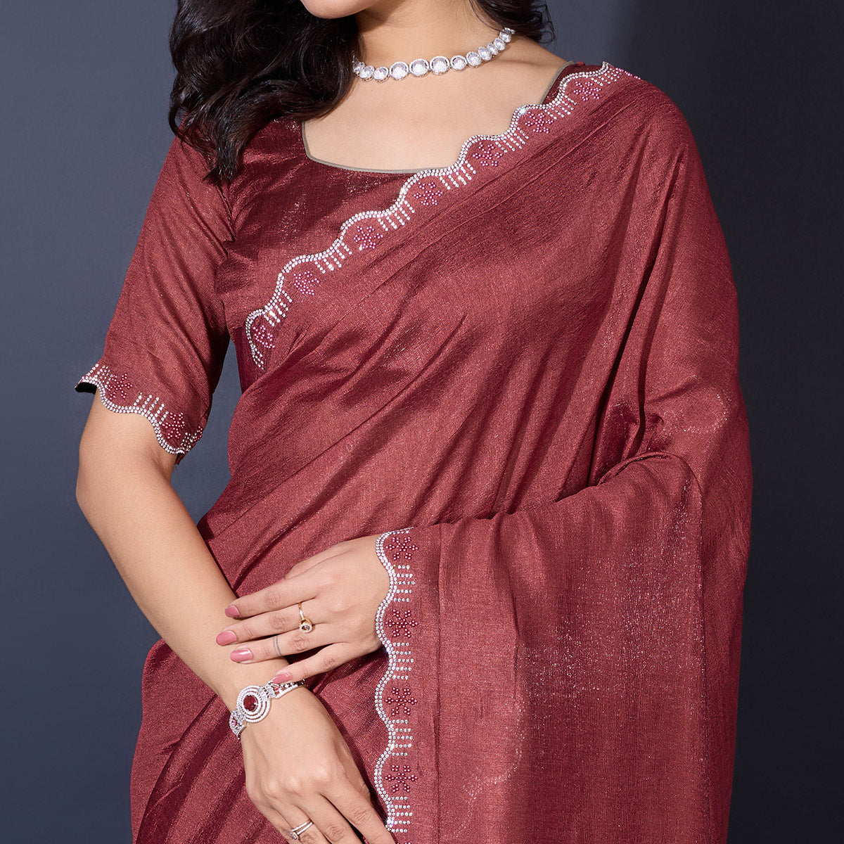 Brown Pearl Work Embroidered Khaadi Saree