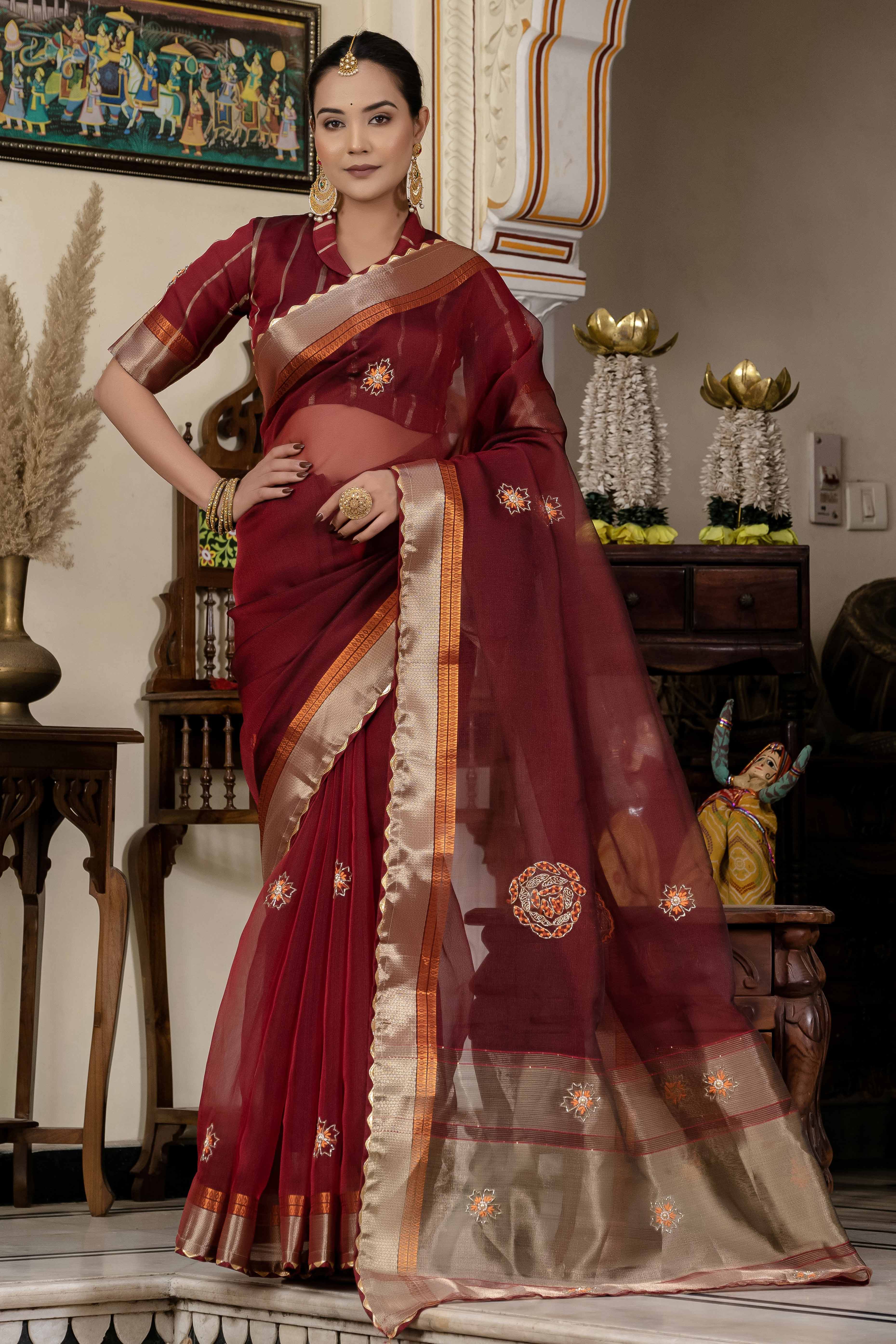 Maroon Floral Beads & Cutdana Handwork Kota Linen Saree With Zari Woven Pallu