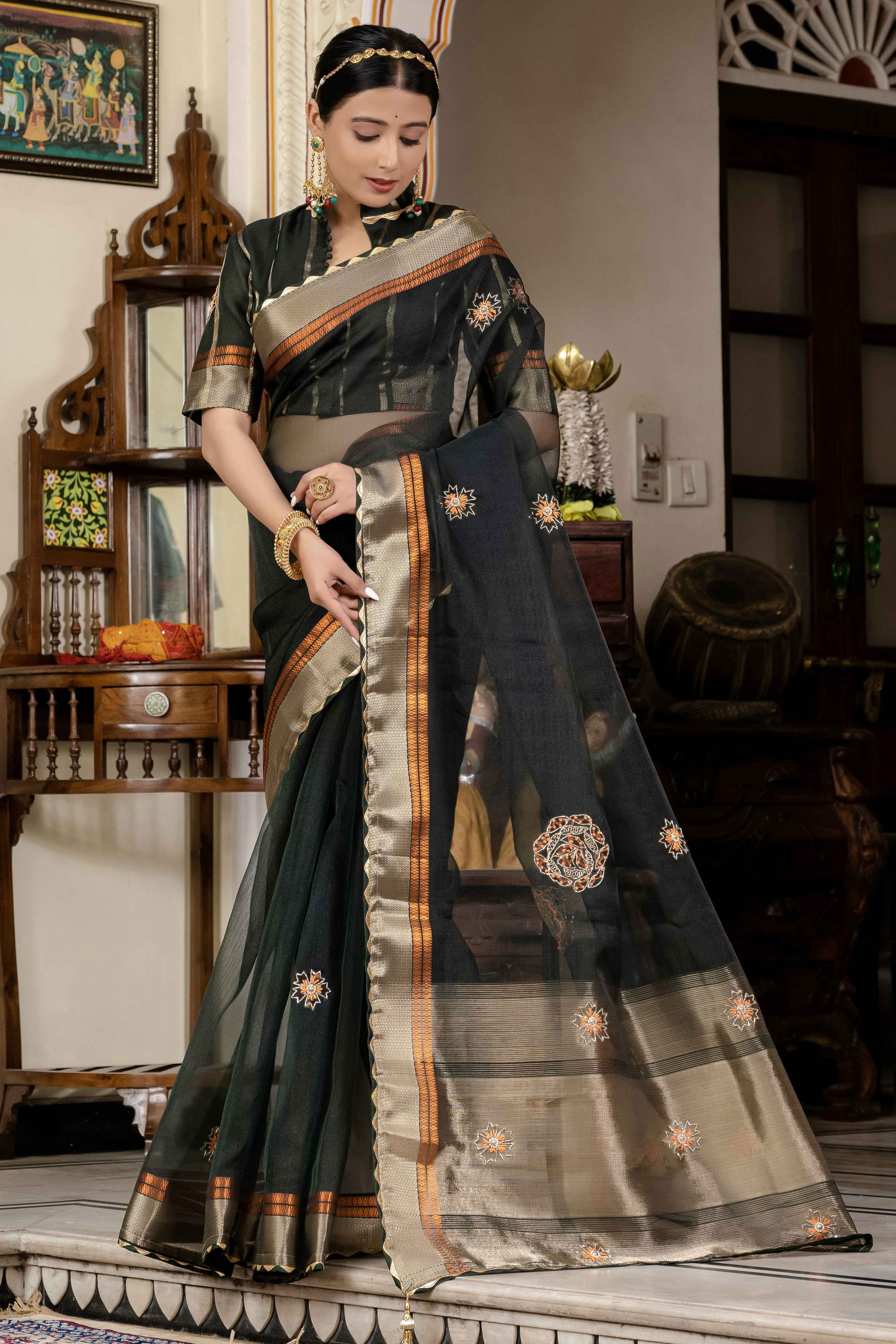 Bottle Green Floral Beads & Cutdana Handwork Kota Linen Saree With Zari Woven Pallu