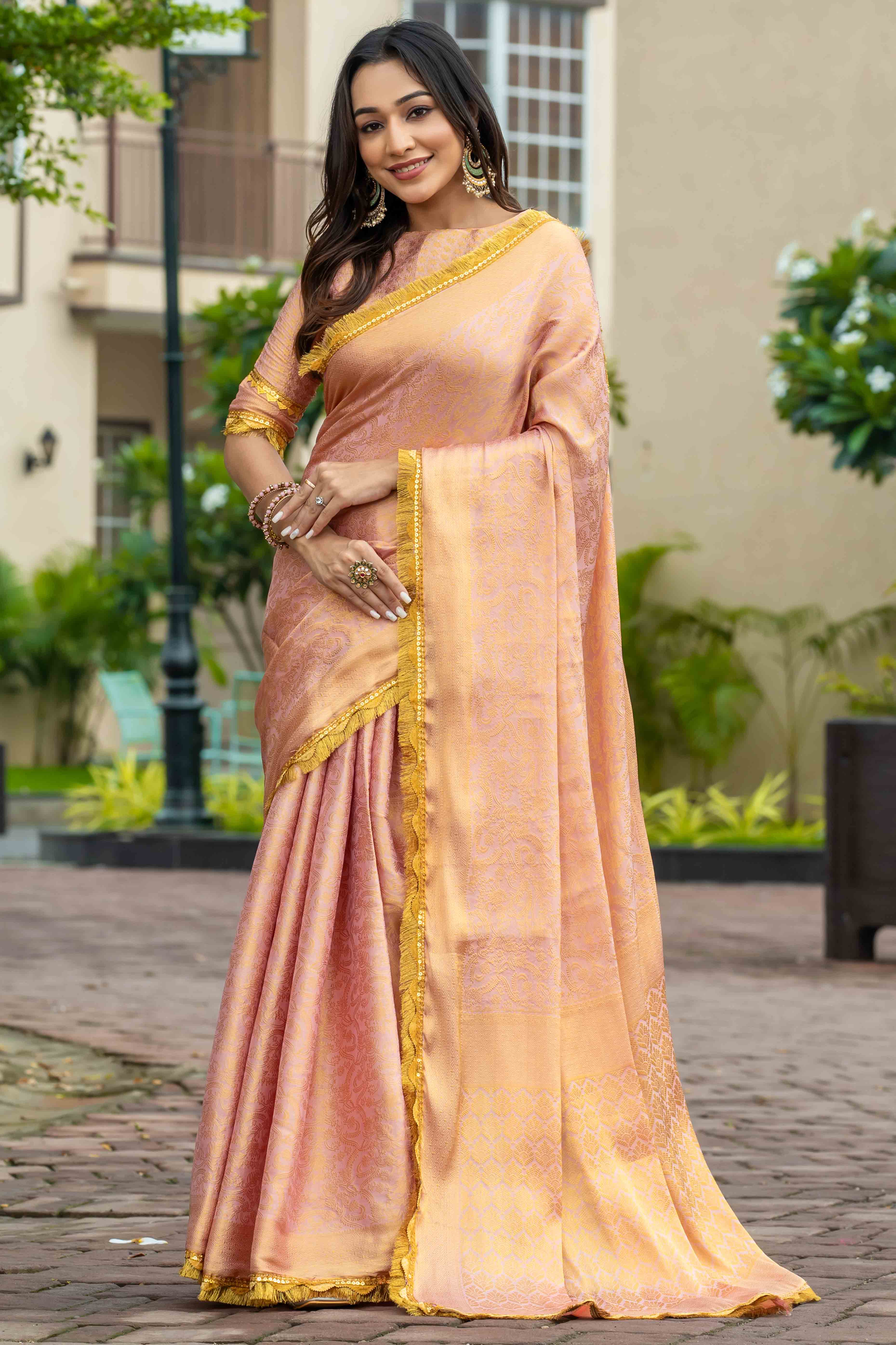 Peach Zari Weaving Mysore Brocade Silk Saree With Zari Border
