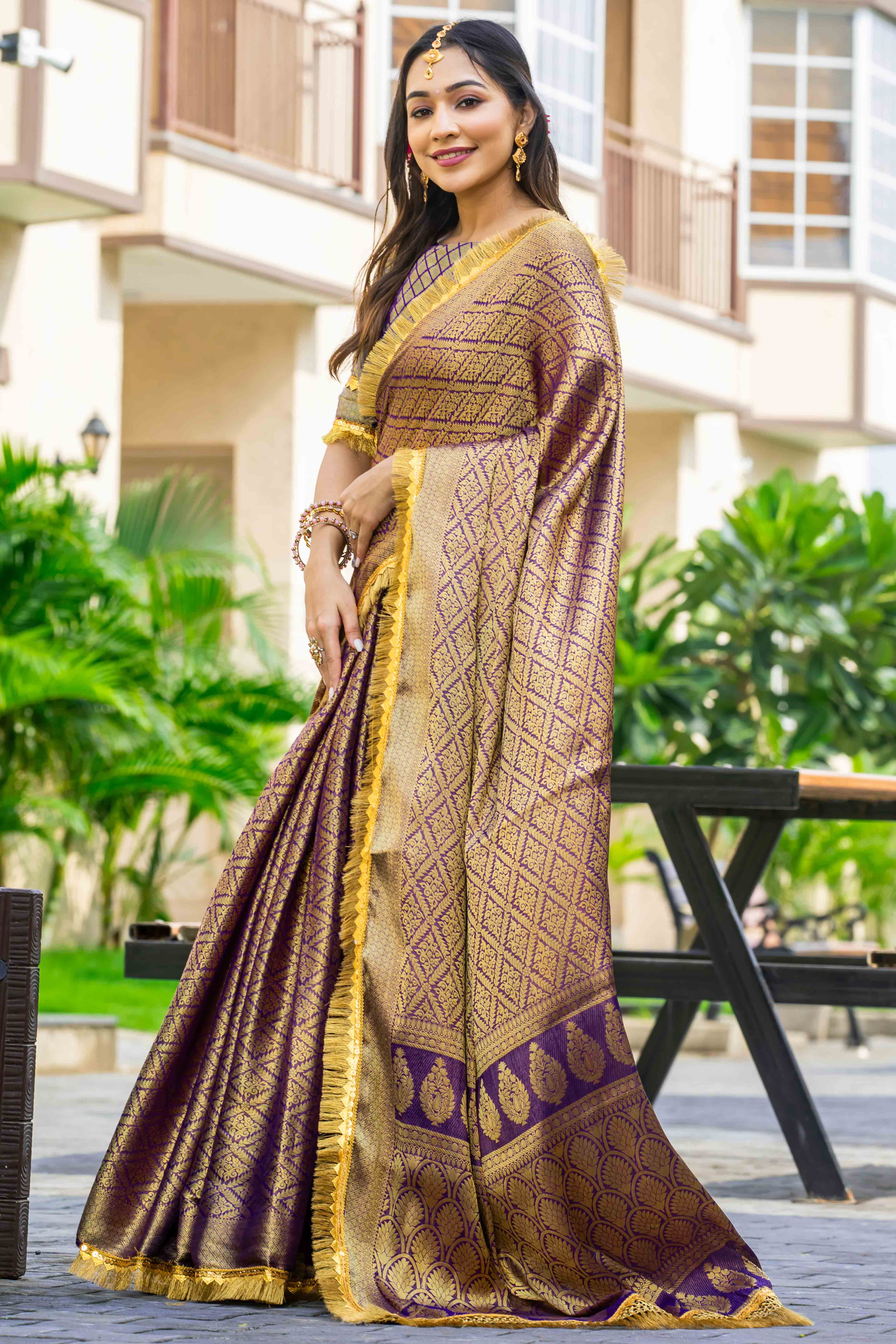 Purple Zari Weaving Mysore Brocade Silk Saree With Zari Border