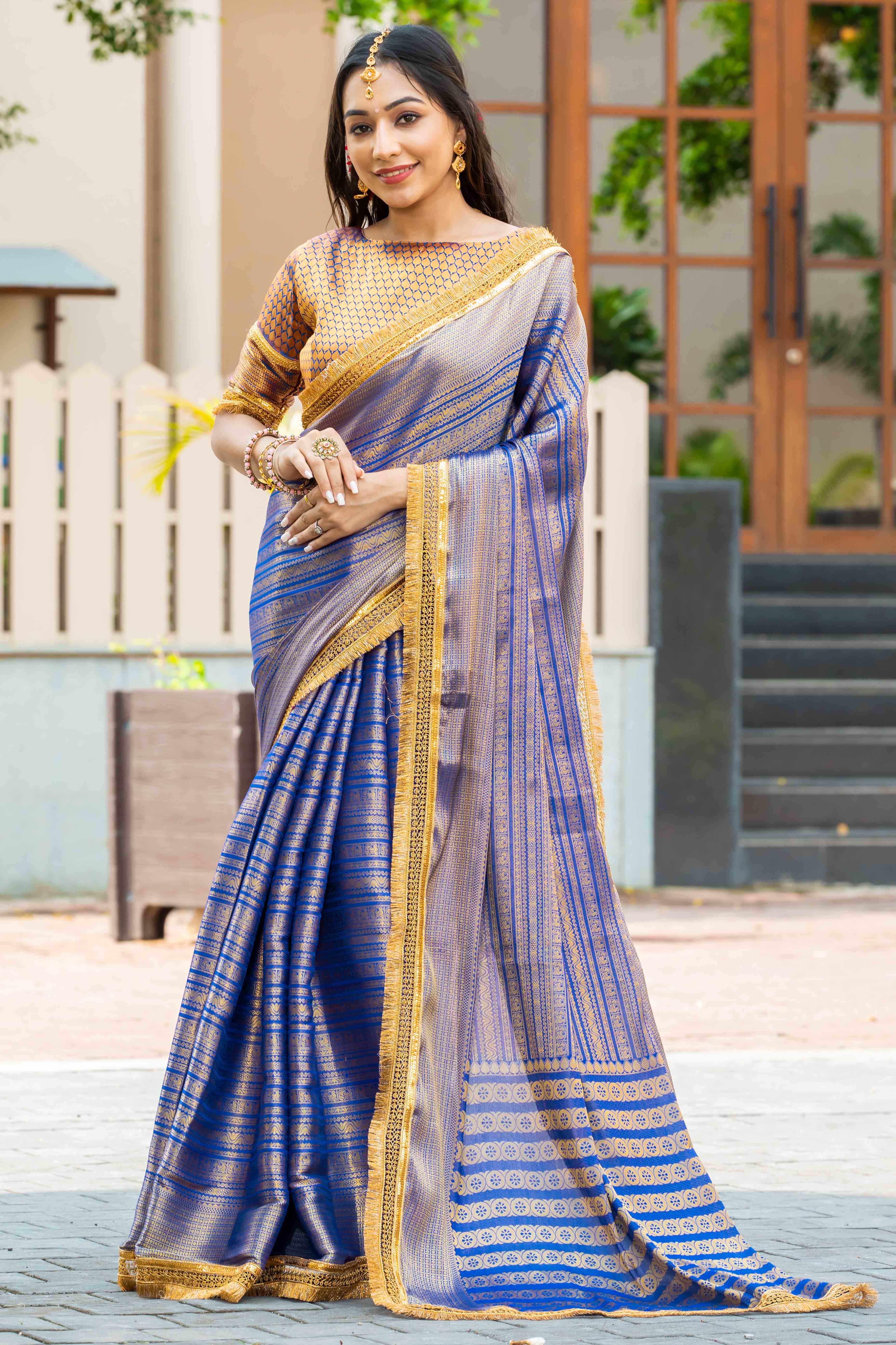 Blue Zari Weaving Mysore Brocade Silk Saree With Zari Border