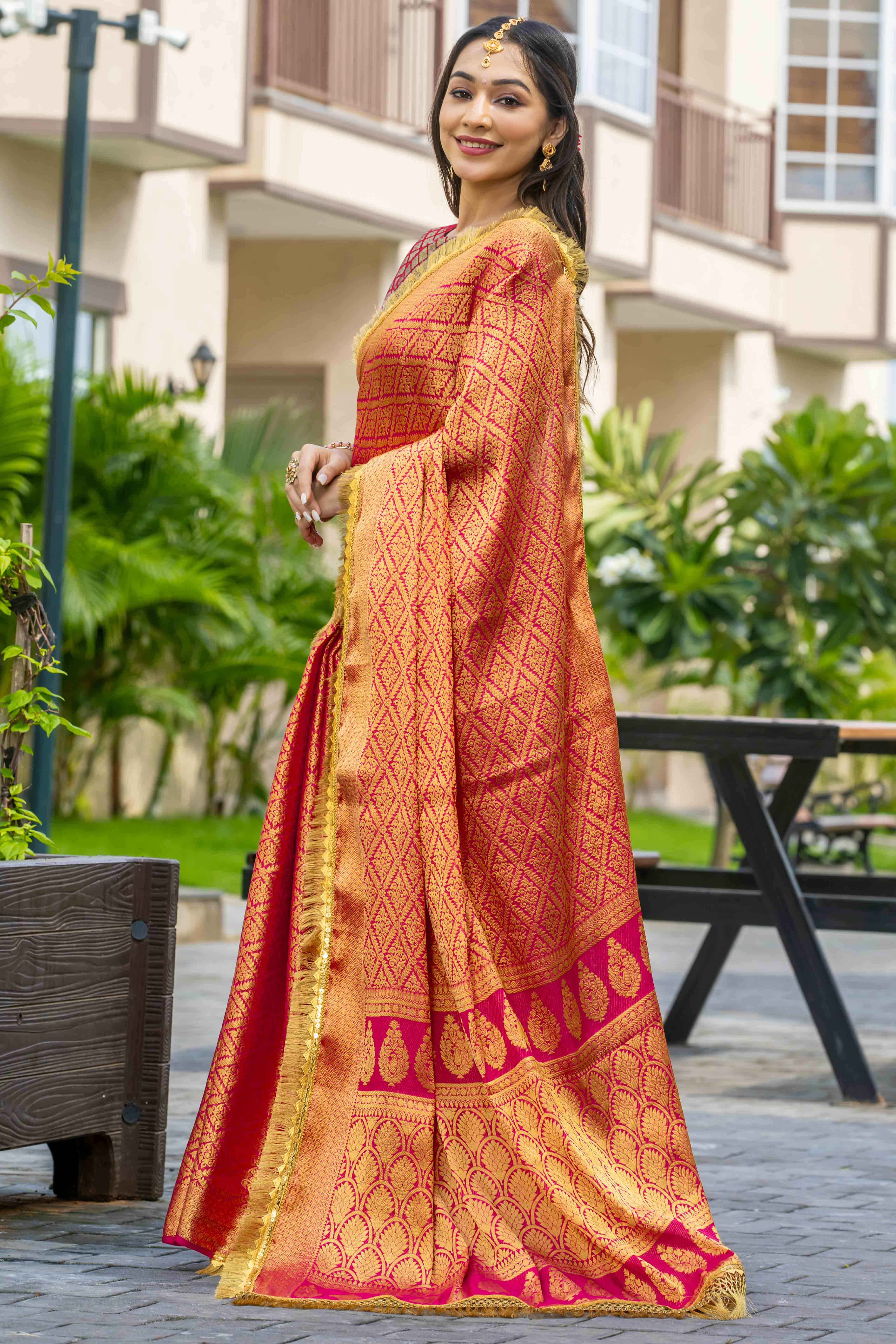 Pink Zari Weaving Mysore Brocade Silk Saree With Zari Border