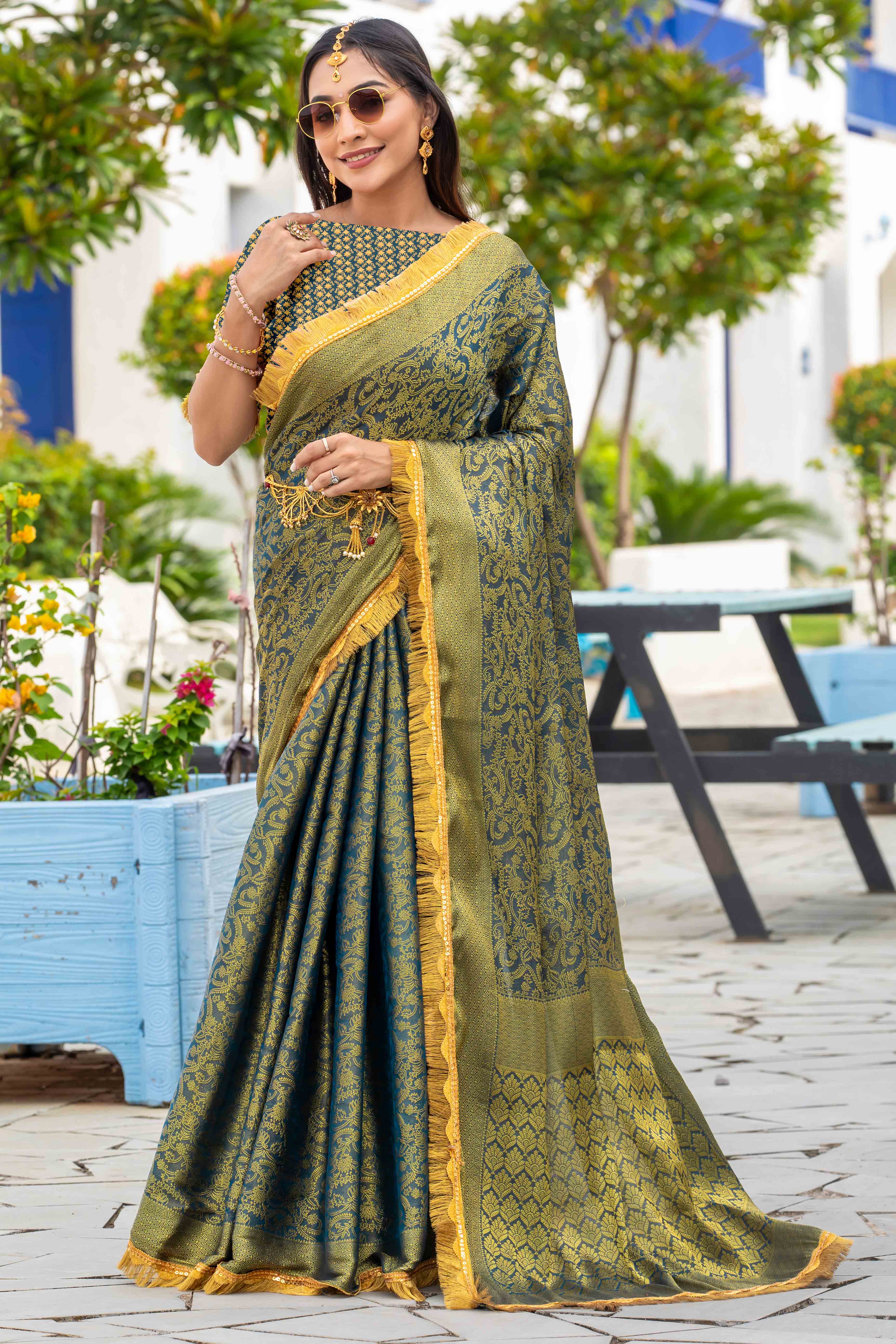 Teal Zari Weaving Mysore Brocade Silk Saree With Zari Border
