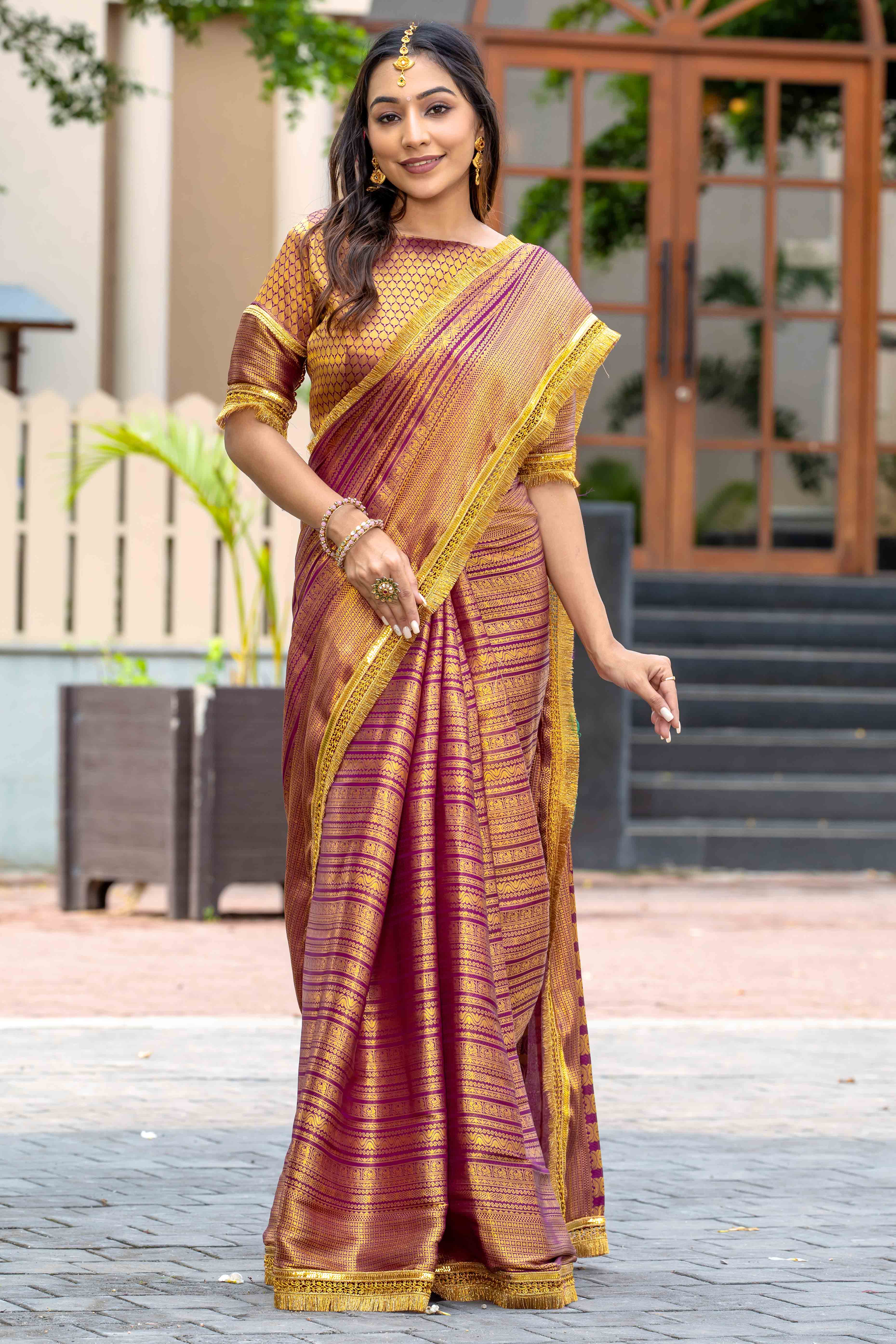 Wine Zari Weaving Mysore Brocade Silk Saree With Zari Border