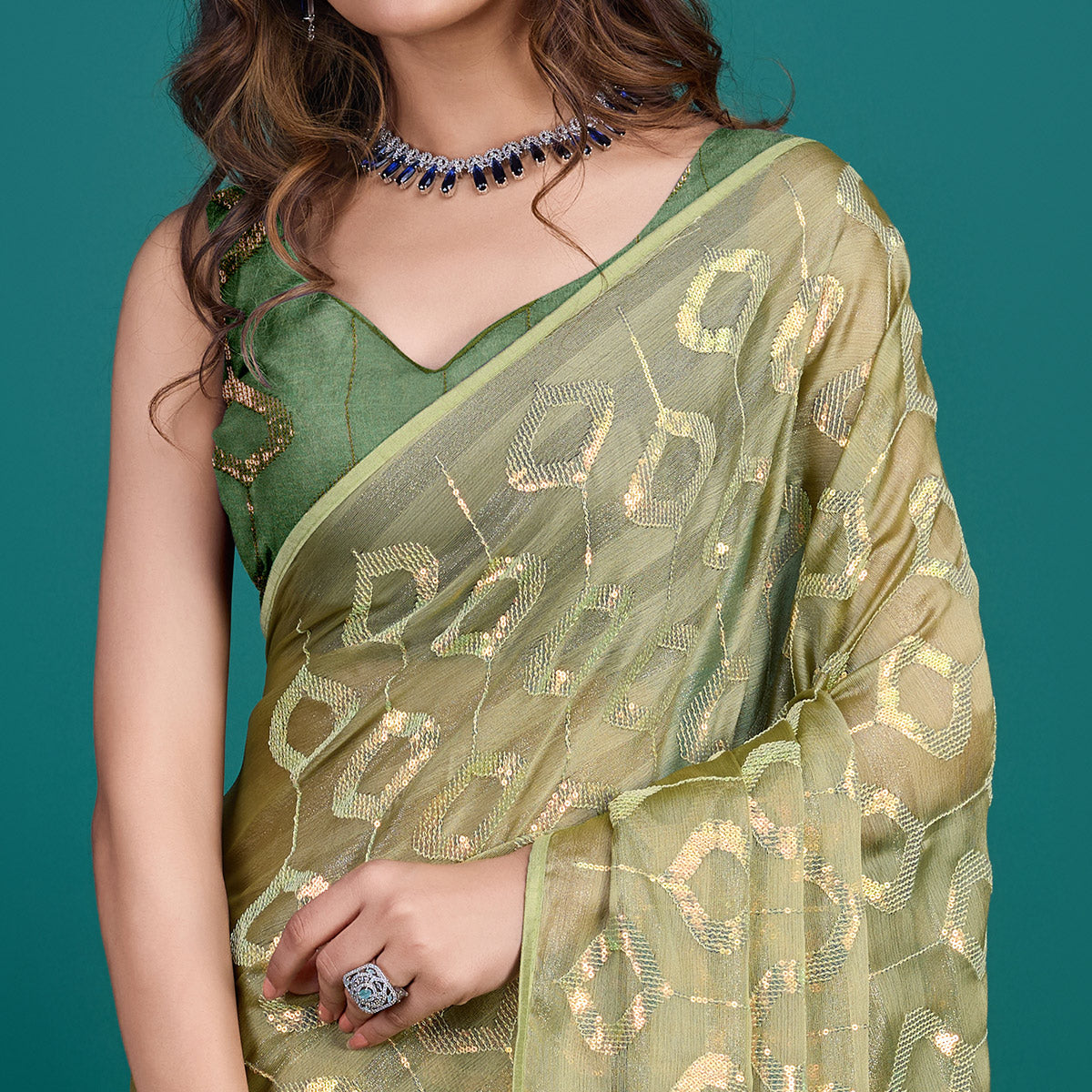 Green Sequins Embroidered Georgette Saree