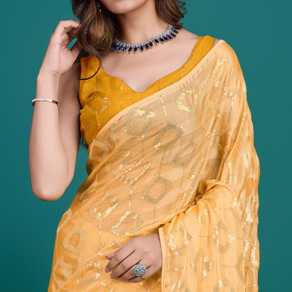 Yellow Sequin Embroidered Georgette Saree