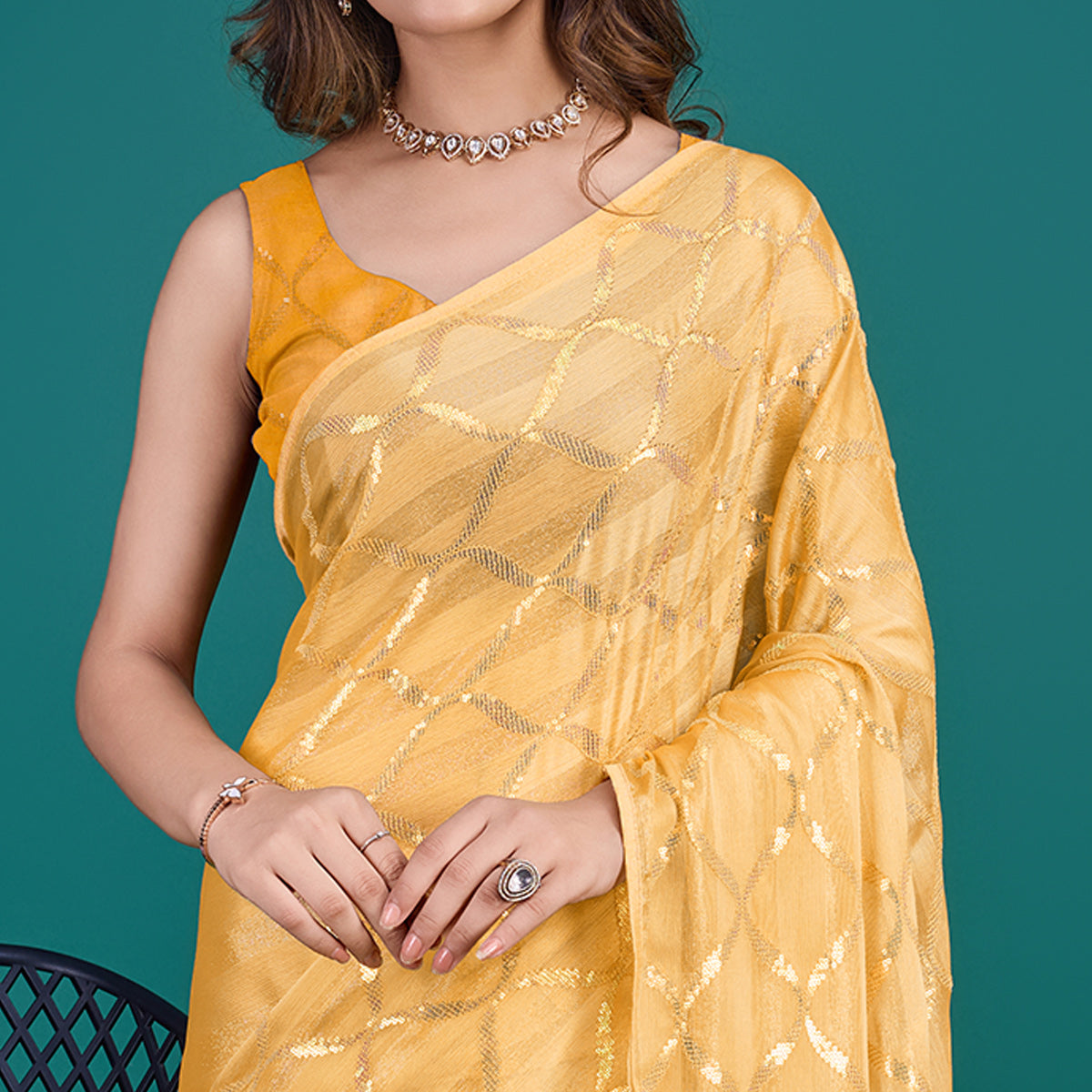 Yellow Sequins Embroidered Georgette Saree