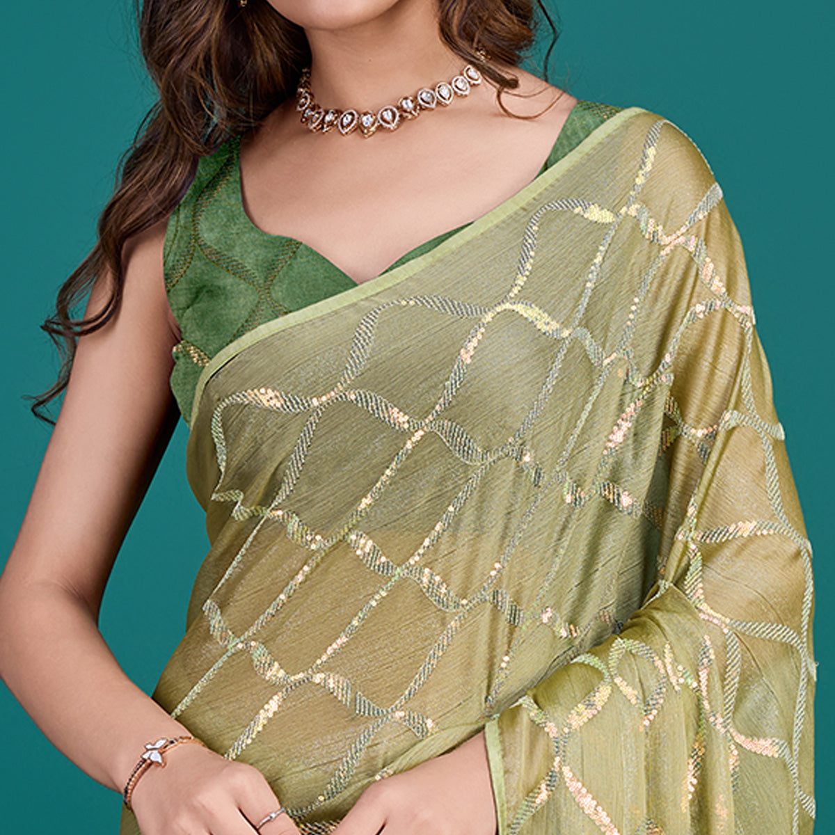 Green Sequins Embroidered Georgette Saree