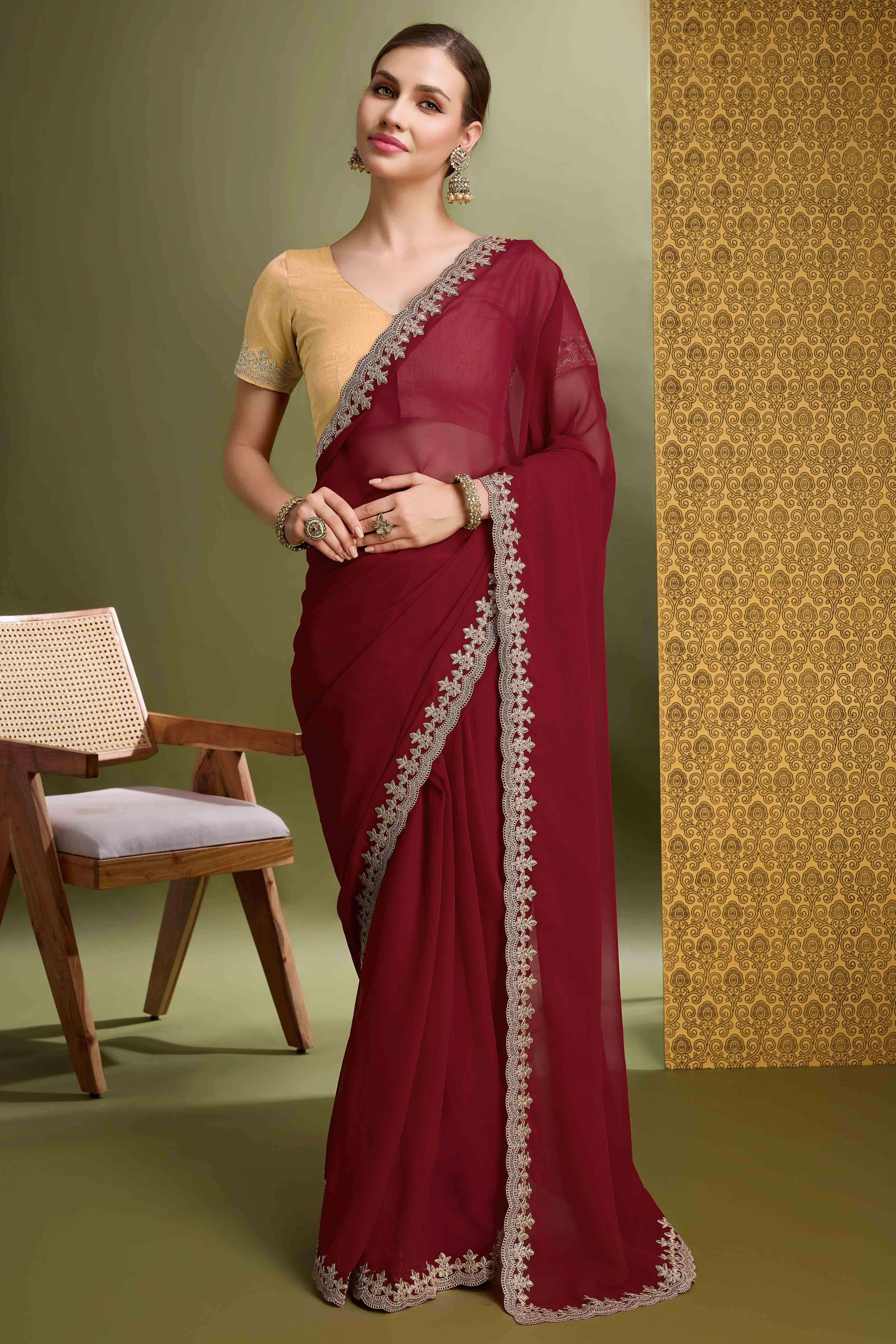 Maroon Solid With Zari Embroidered Georgette Saree