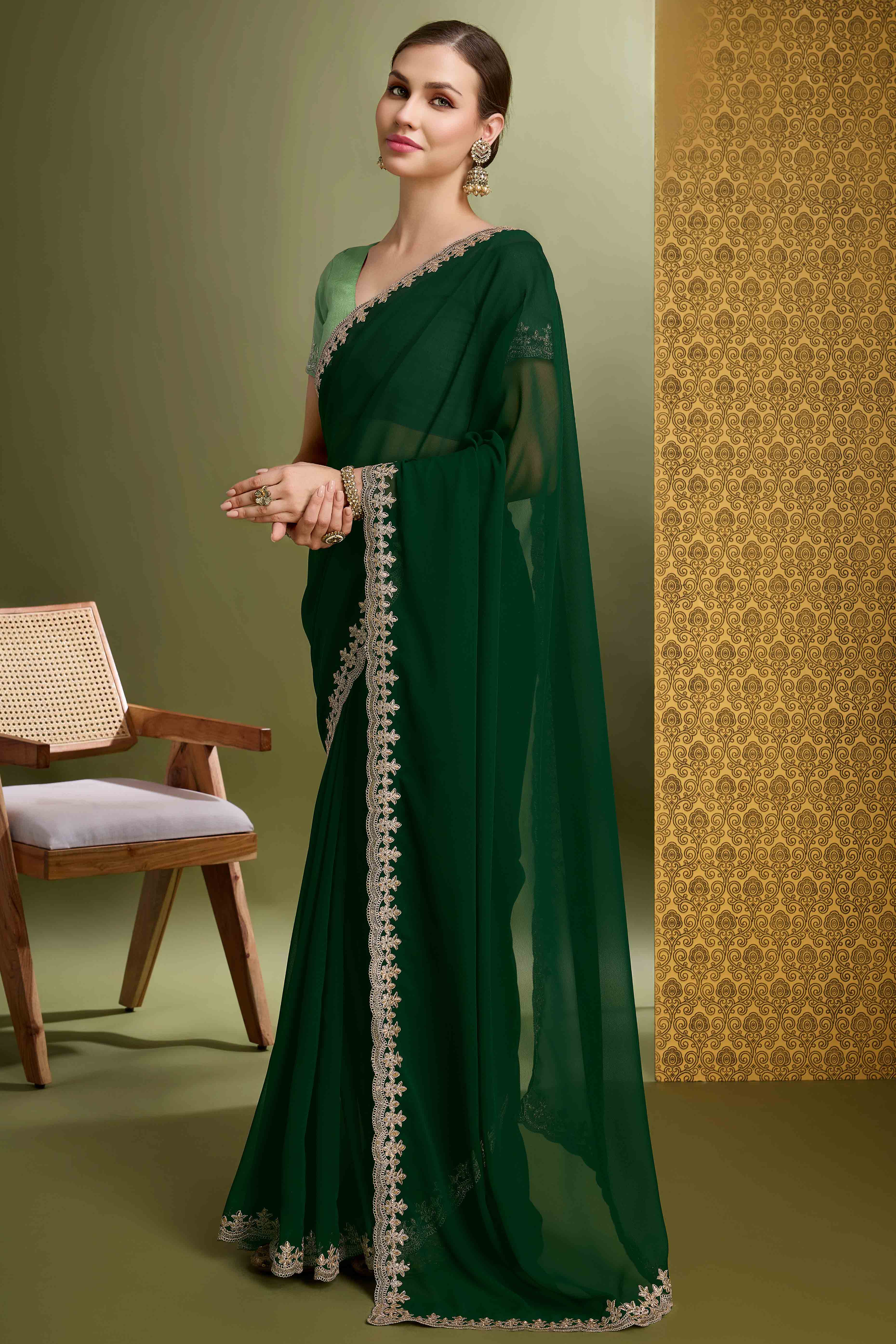 Green Solid With Zari Embroidered Georgette Saree