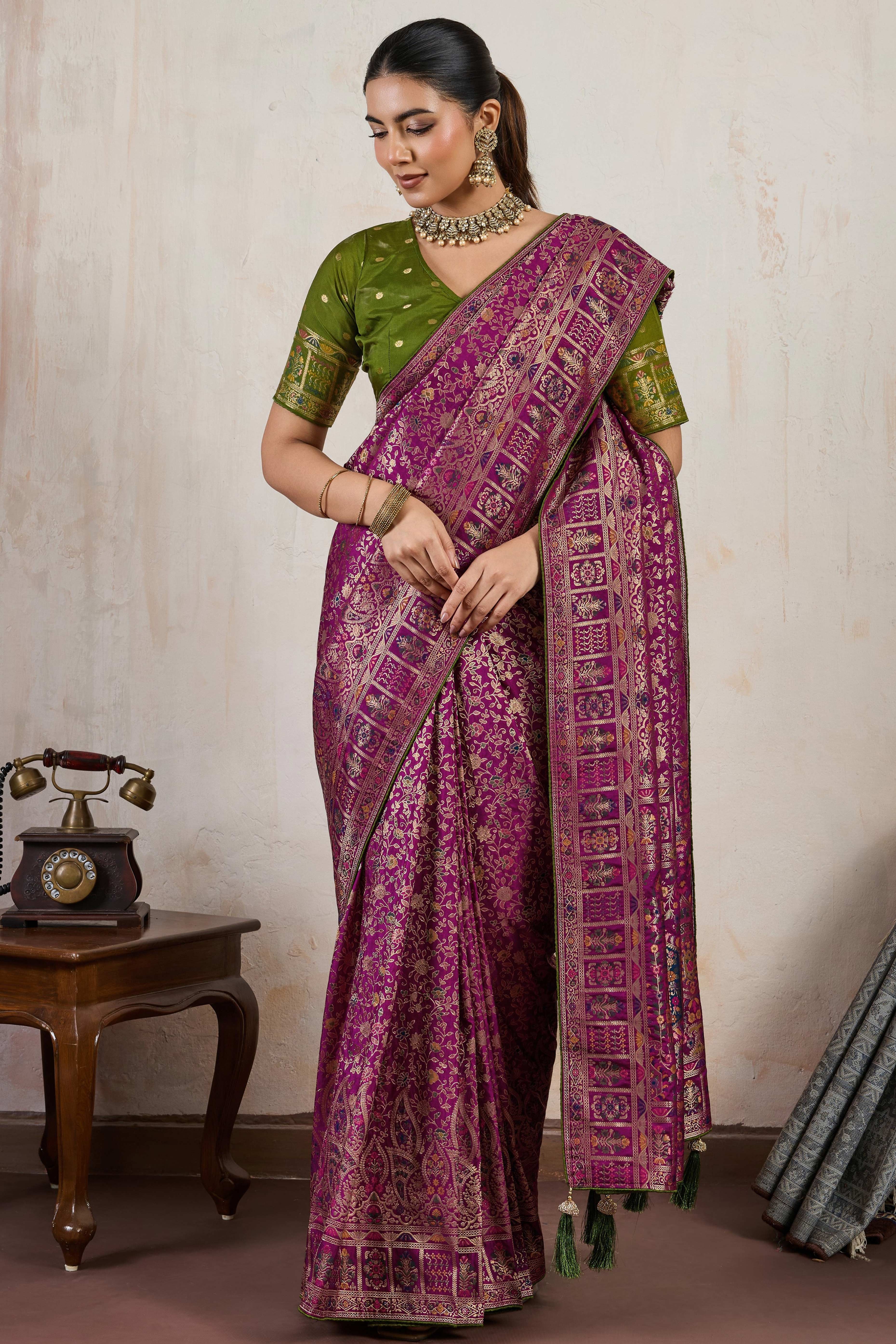 Purple Traditional Pure Silk Saree Highlighted with Luxurious Meenakari Zari Weaving Accents